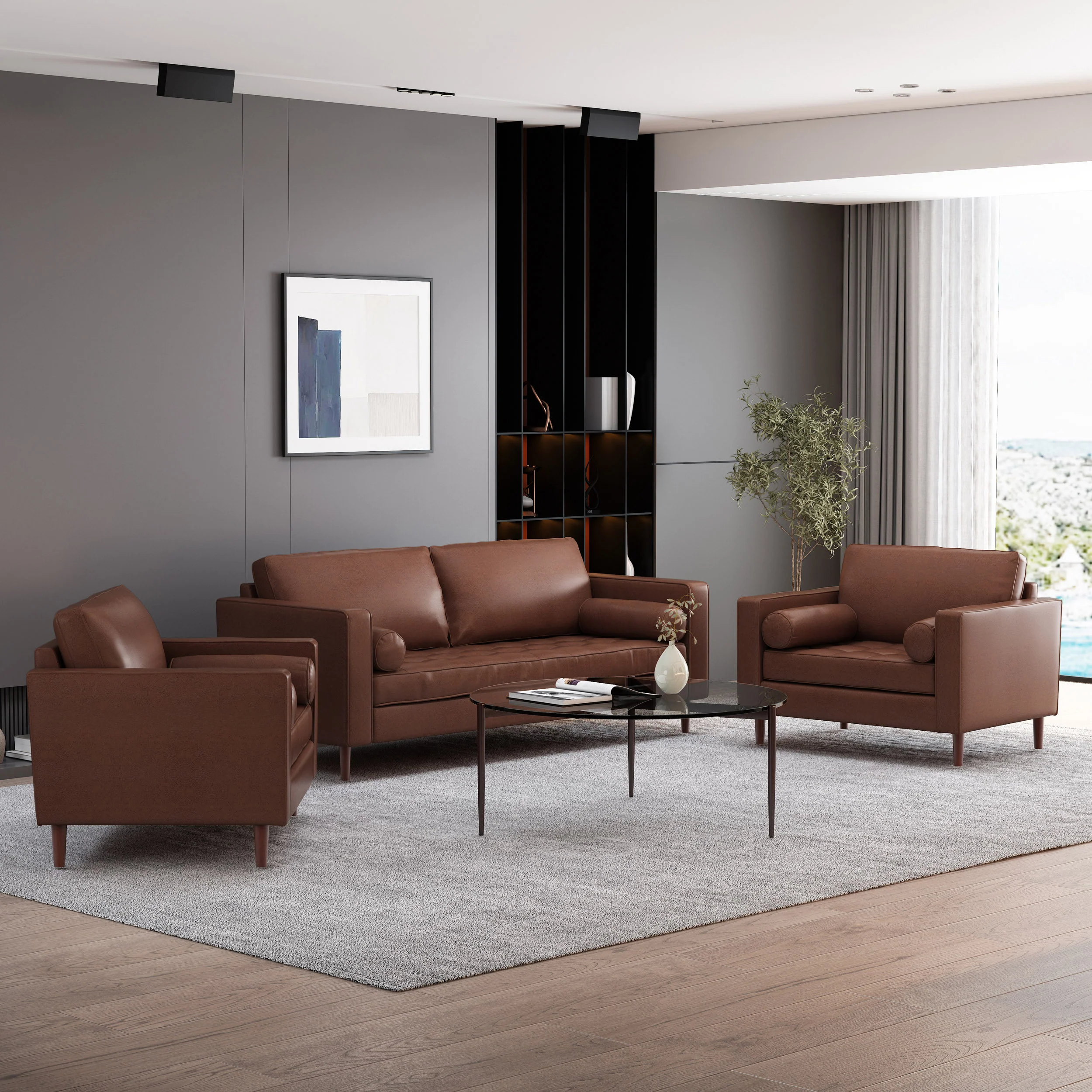 Hixon Contemporary Faux Leather Tufted 3 Piece Sofa and Club Chair Set - furnishings