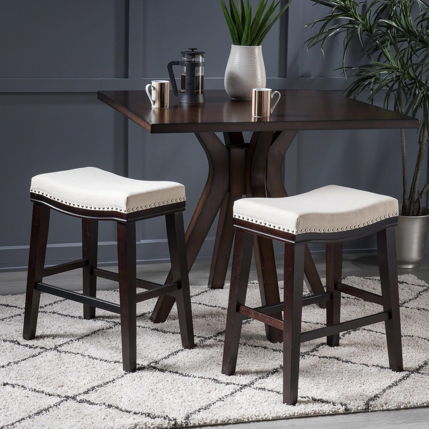 Hajie Contemporary Upholstered Saddle Counter Stool with Nailhead Trim, Set of 2 - furnishings