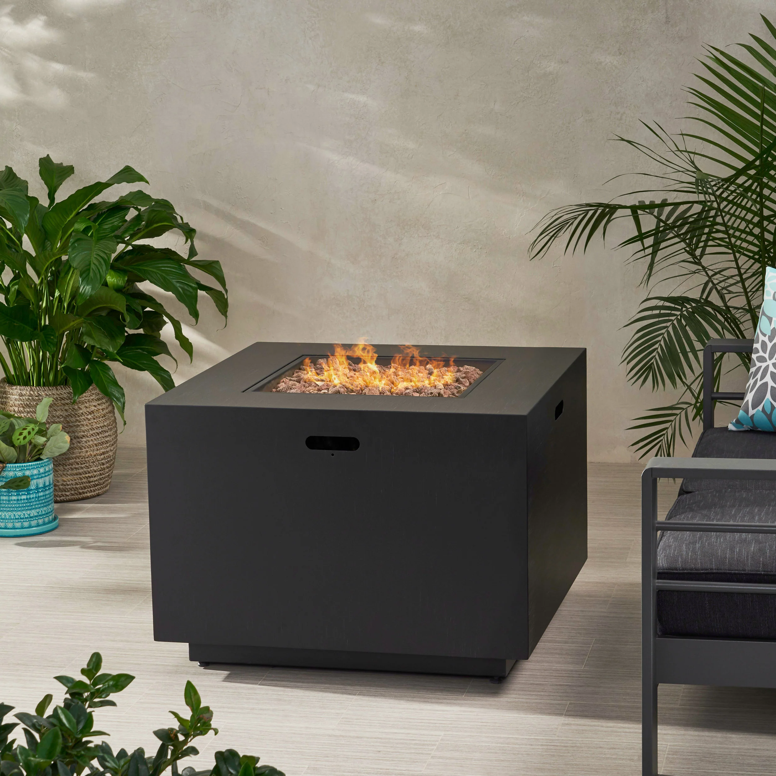 Jasmine Outdoor Dark Gray Finish Iron 33 Inch Square Fire Pit - 50,000 BTU - furnishings