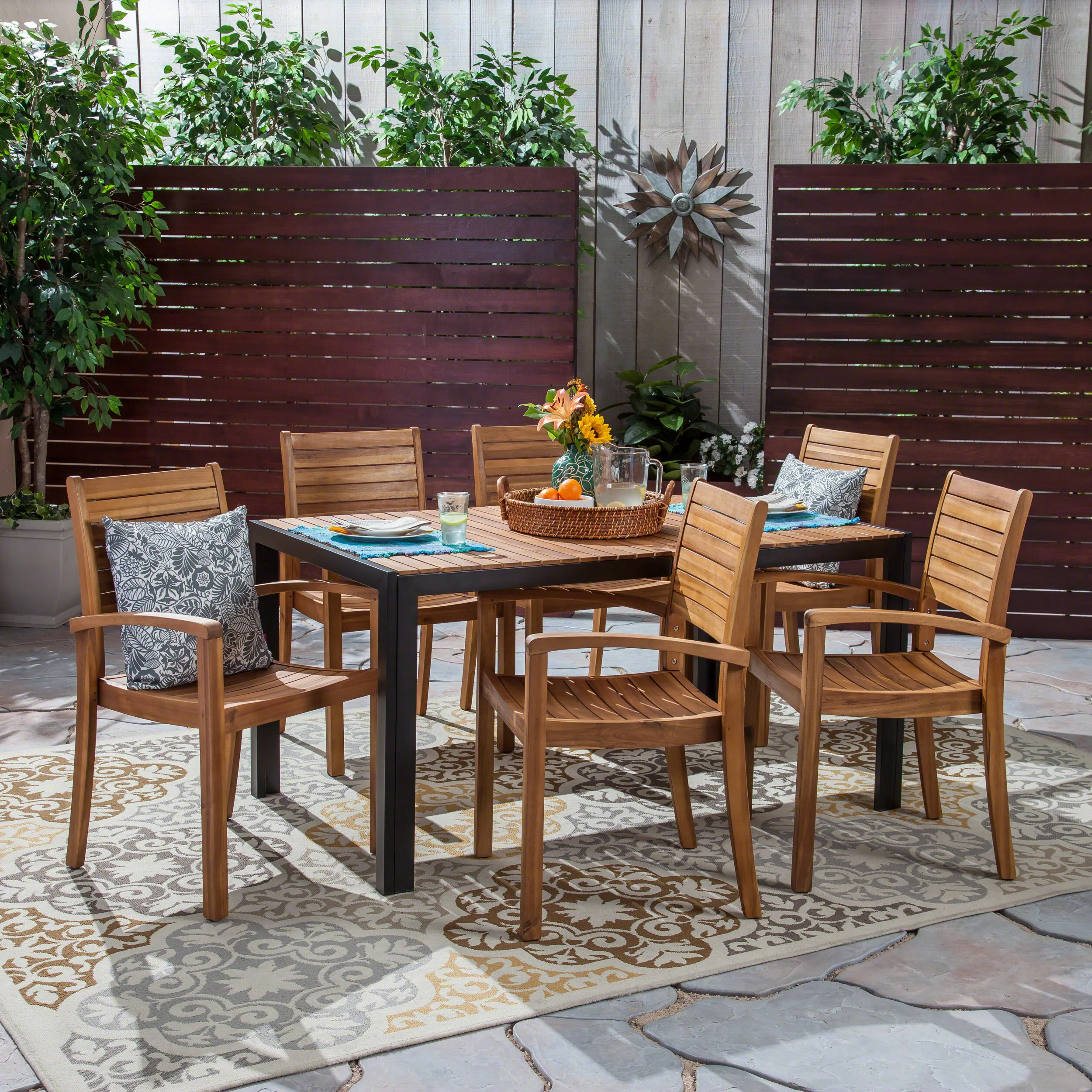 Monica Outdoor 6-Seater Rectangular Acacia Wood Dining Set, Teak and Black - furnishings