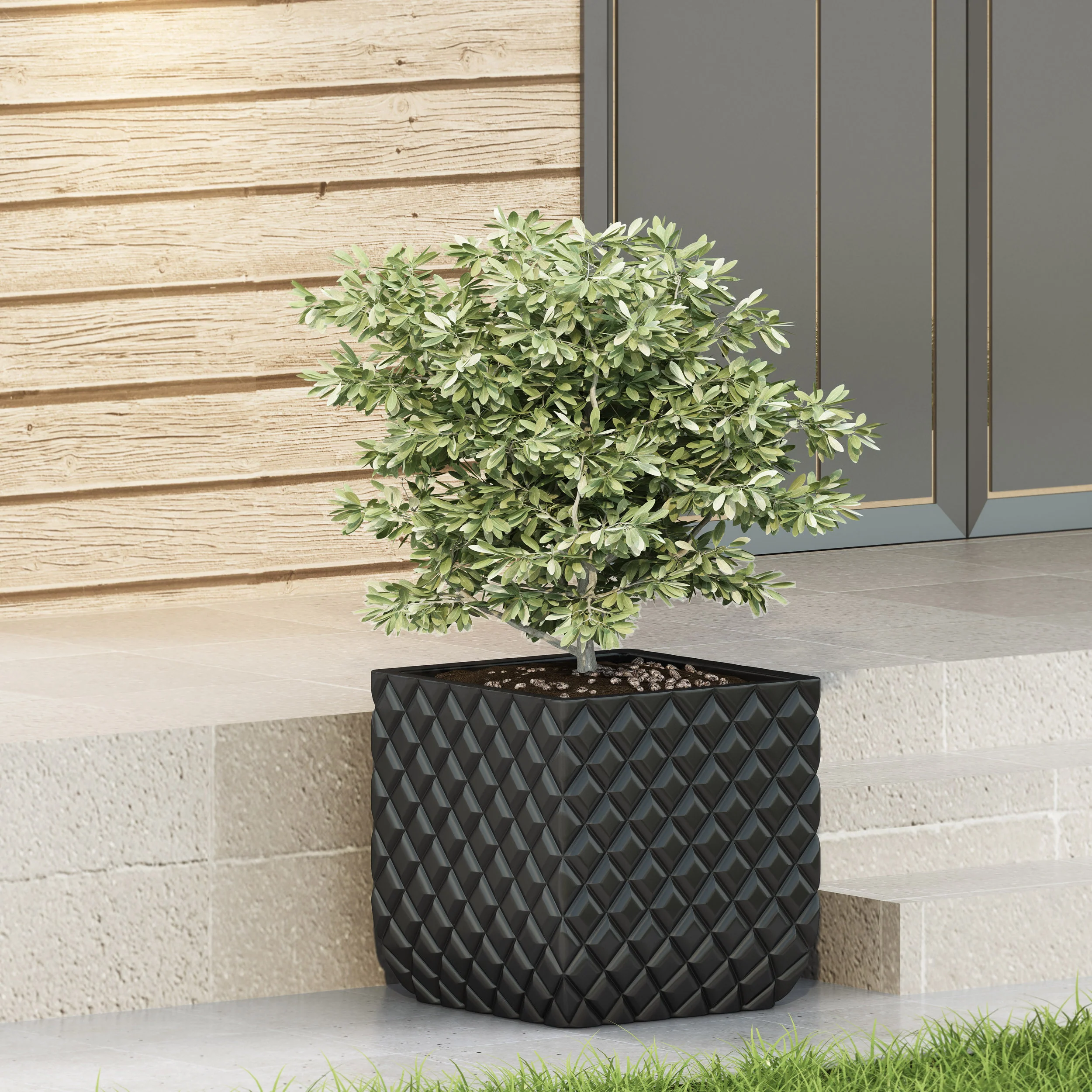 Fernald Outdoor Cast Stone Square Box Planter, Matte Black - furnishings
