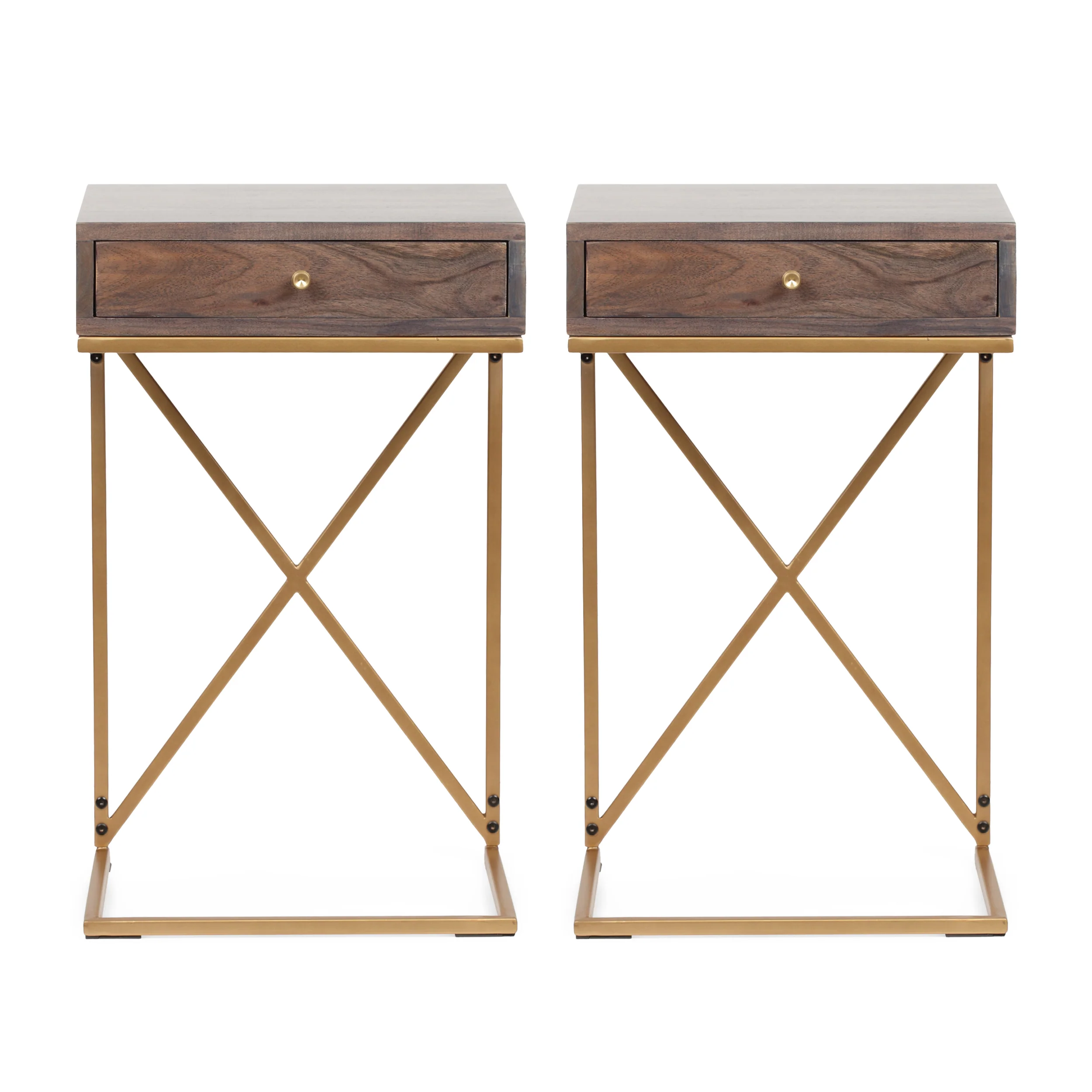 Darke Rustic Glam Handcrafted Acacia Wood C-Shaped Side Tables, Set of 2, Dark Brown and Gold - furnishings