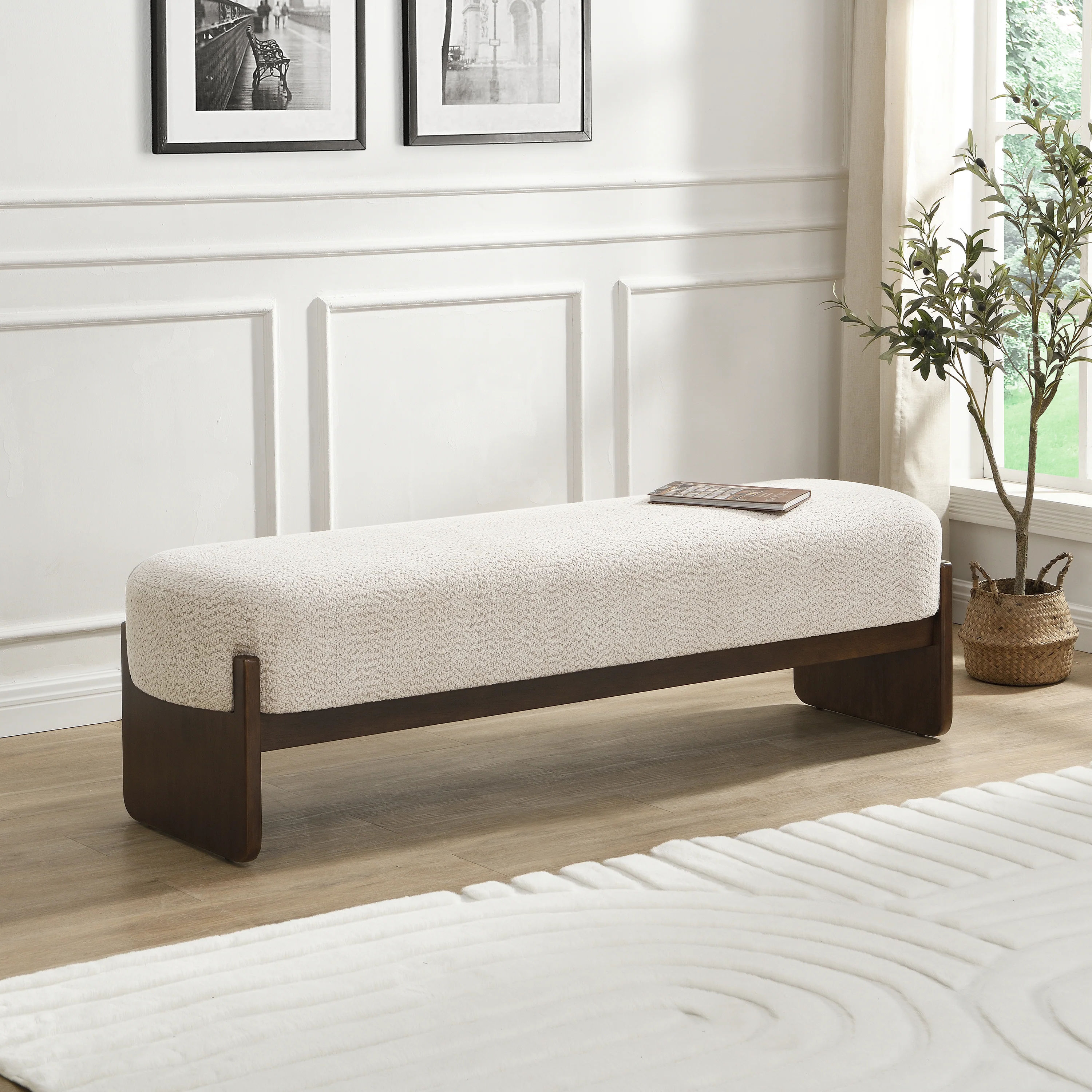 Sorena Modern Upholstered Loop Yarn Ottoman, Solid Wood - furnishings