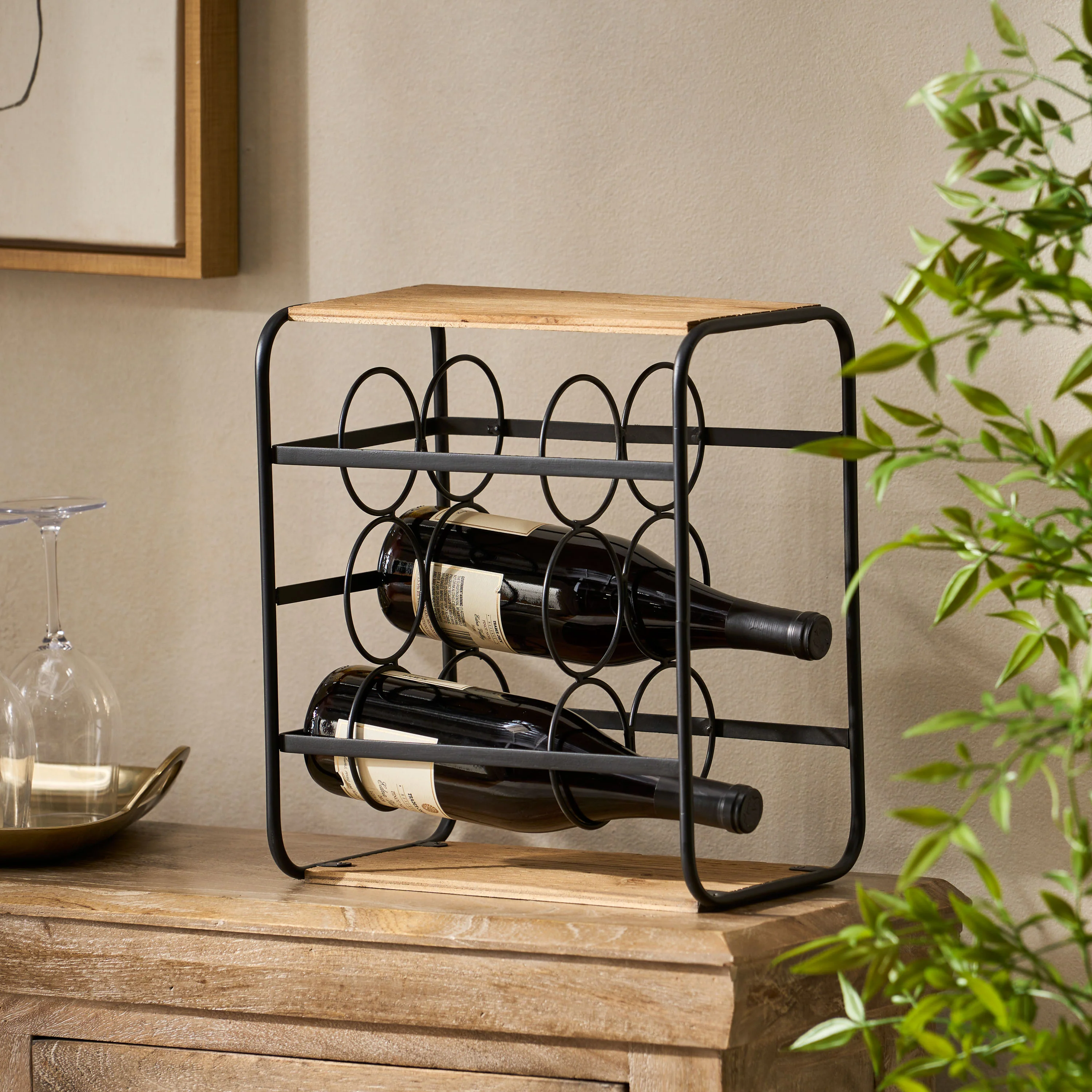 Gurnett Modern Industrial 6 Bottle Tabletop Wine Rack, Natural and Black - furnishings