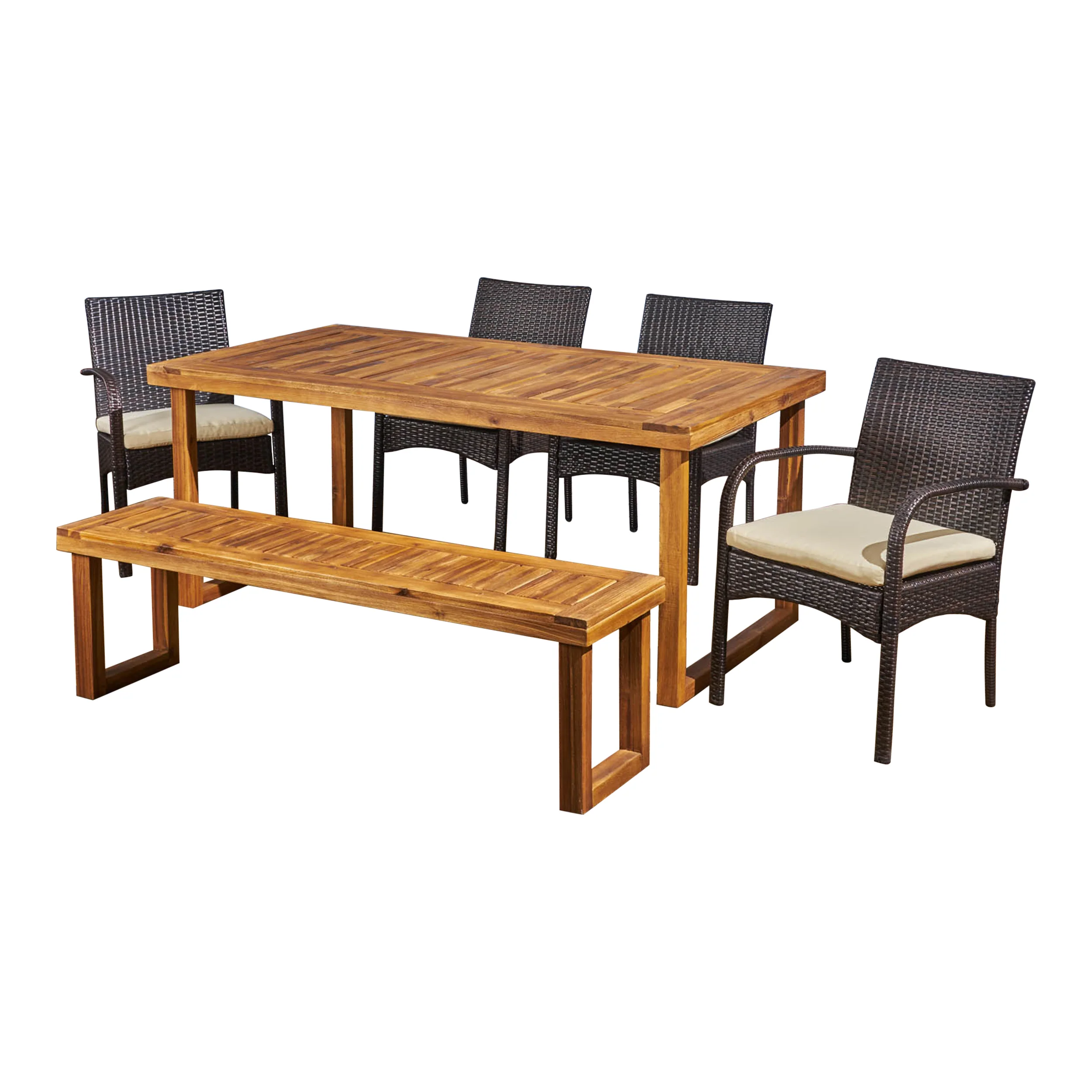 Stonecrest Outdoor 6-Seater Wood and Wicker Chair and Bench Dining Set - furnishings