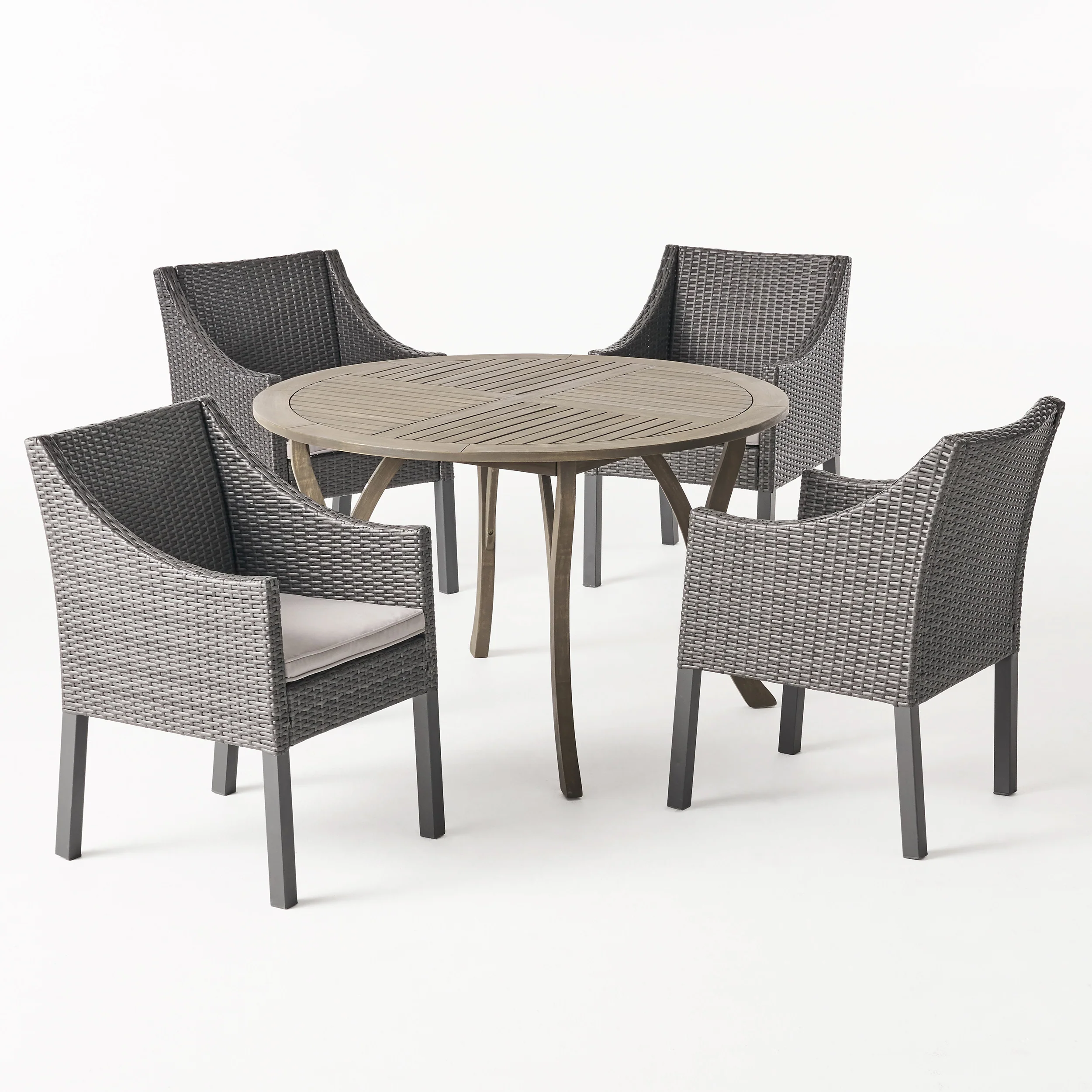 Tycie Outdoor 5 Piece Acacia Wood and Wicker Dining Set, Gray with Gray Chairs - furnishings
