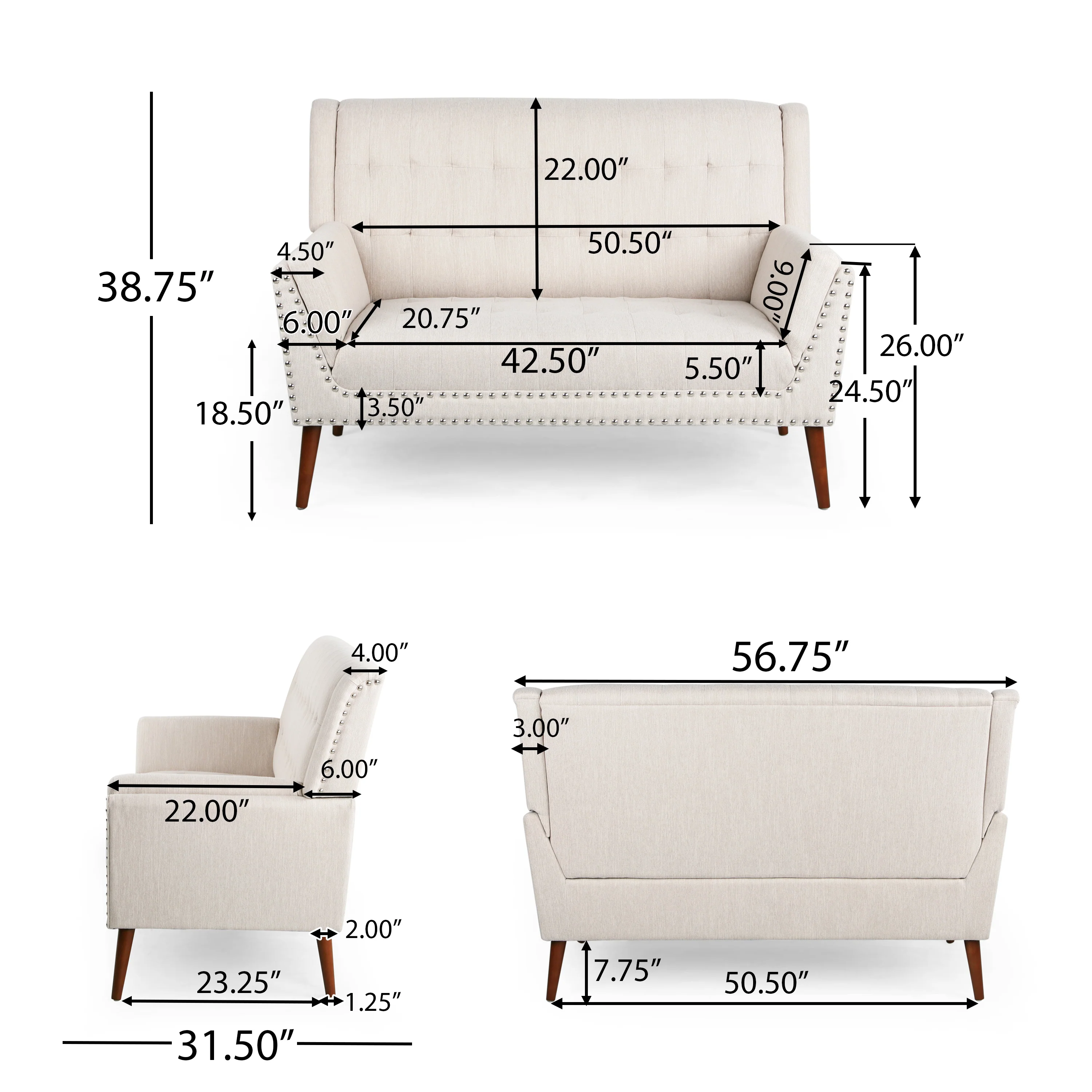 Marla Mid-Century Modern High Back Fabric Settee with Nailhead Trim - furnishings