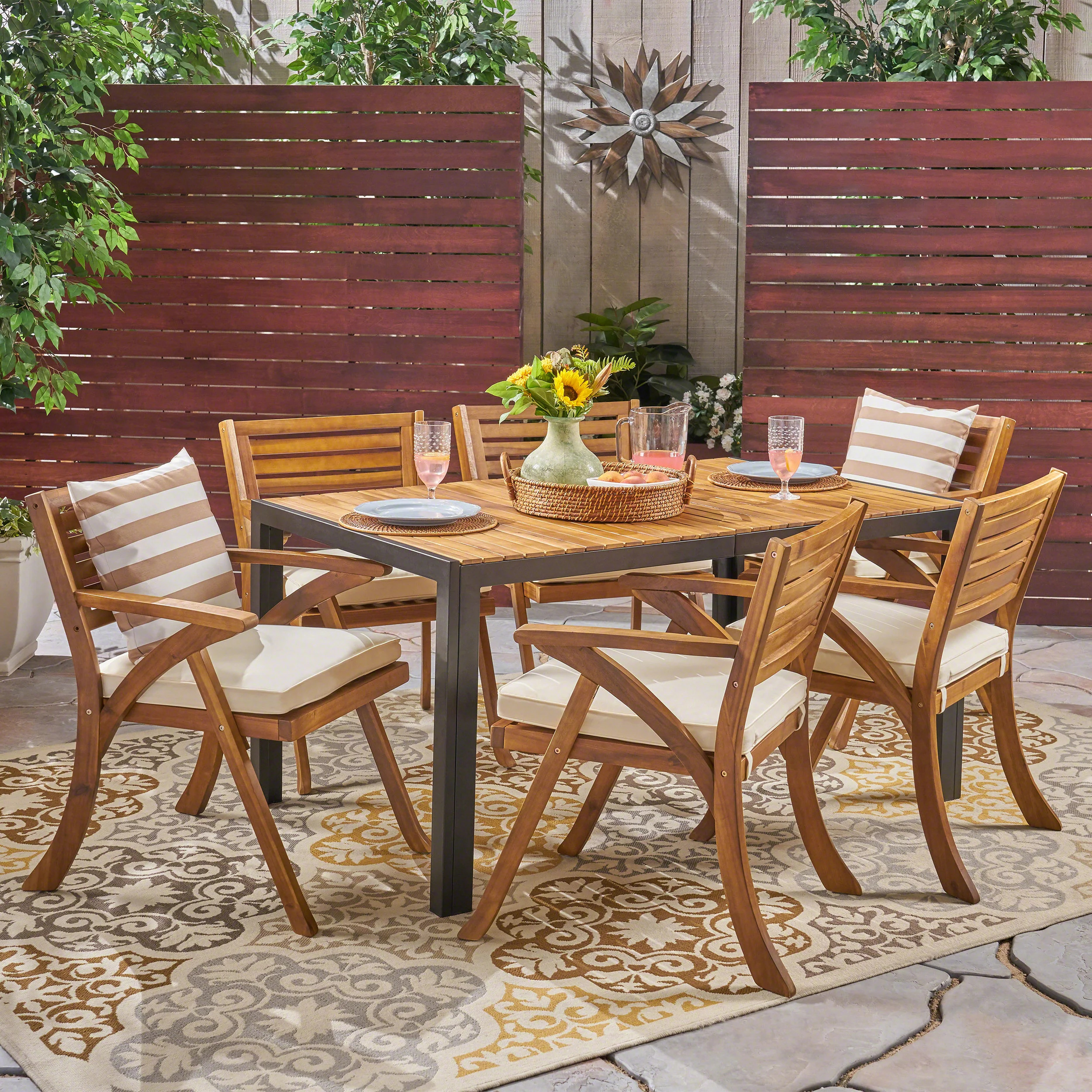 Melissa Outdoor 6-Seater Rectangular Acacia Wood and Iron Dining Set, Teak with Black and Cream - furnishings