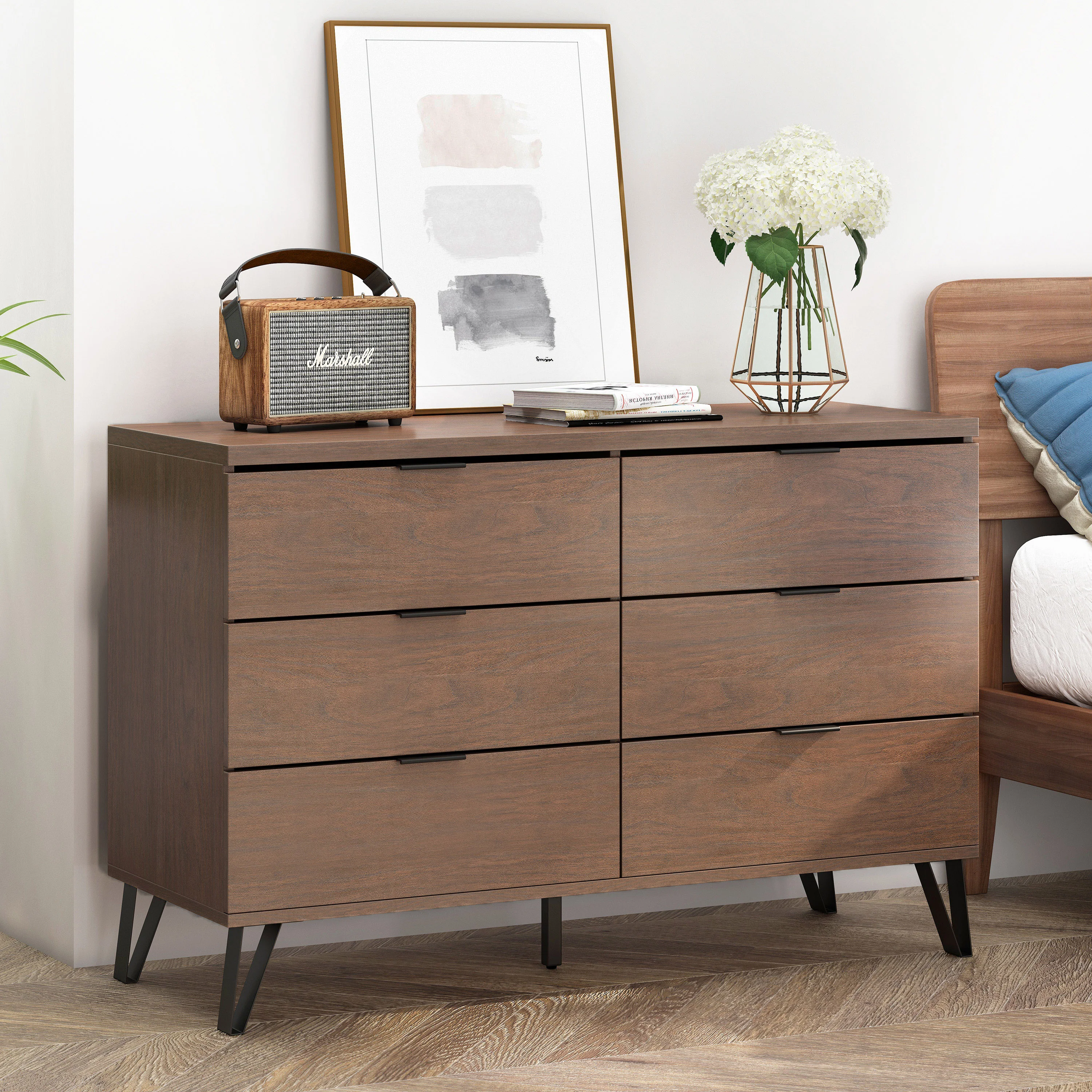 Demijen Modern Industrial 6 Drawer Double Dresser, Walnut and Matte Black - furnishings