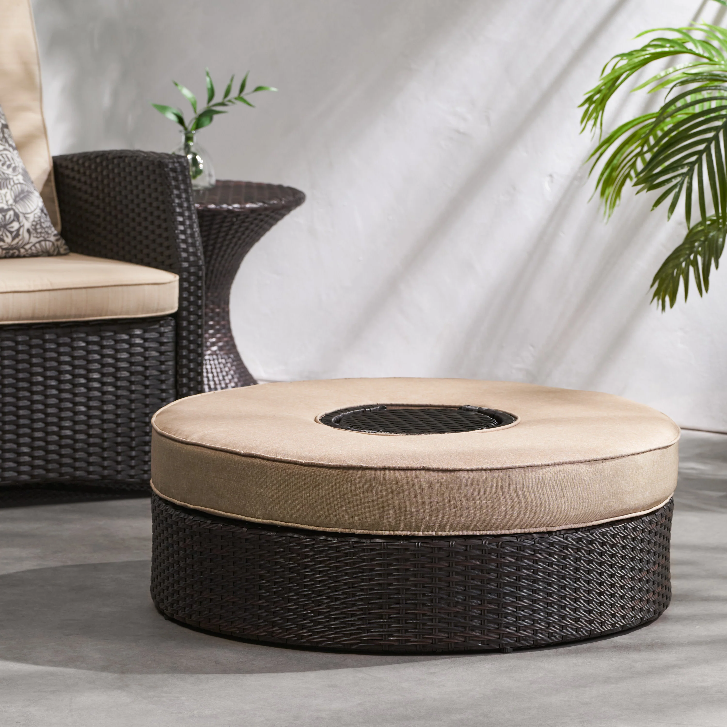 Boden Outdoor Wicker Ottoman with Ice Bucket - furnishings