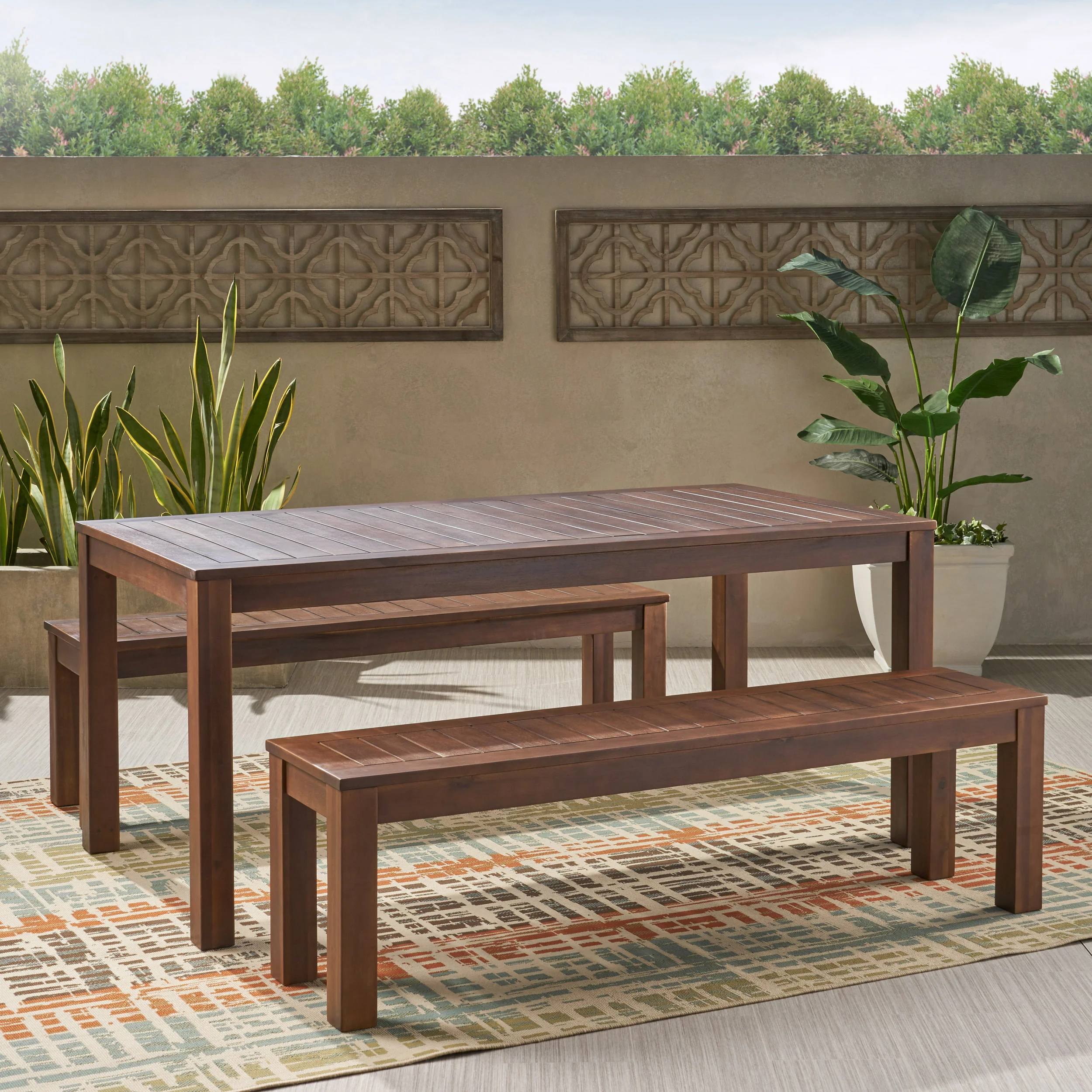 Marin Rustic Outdoor Slat Dark Brown Acacia Wood Picnic Set - furnishings