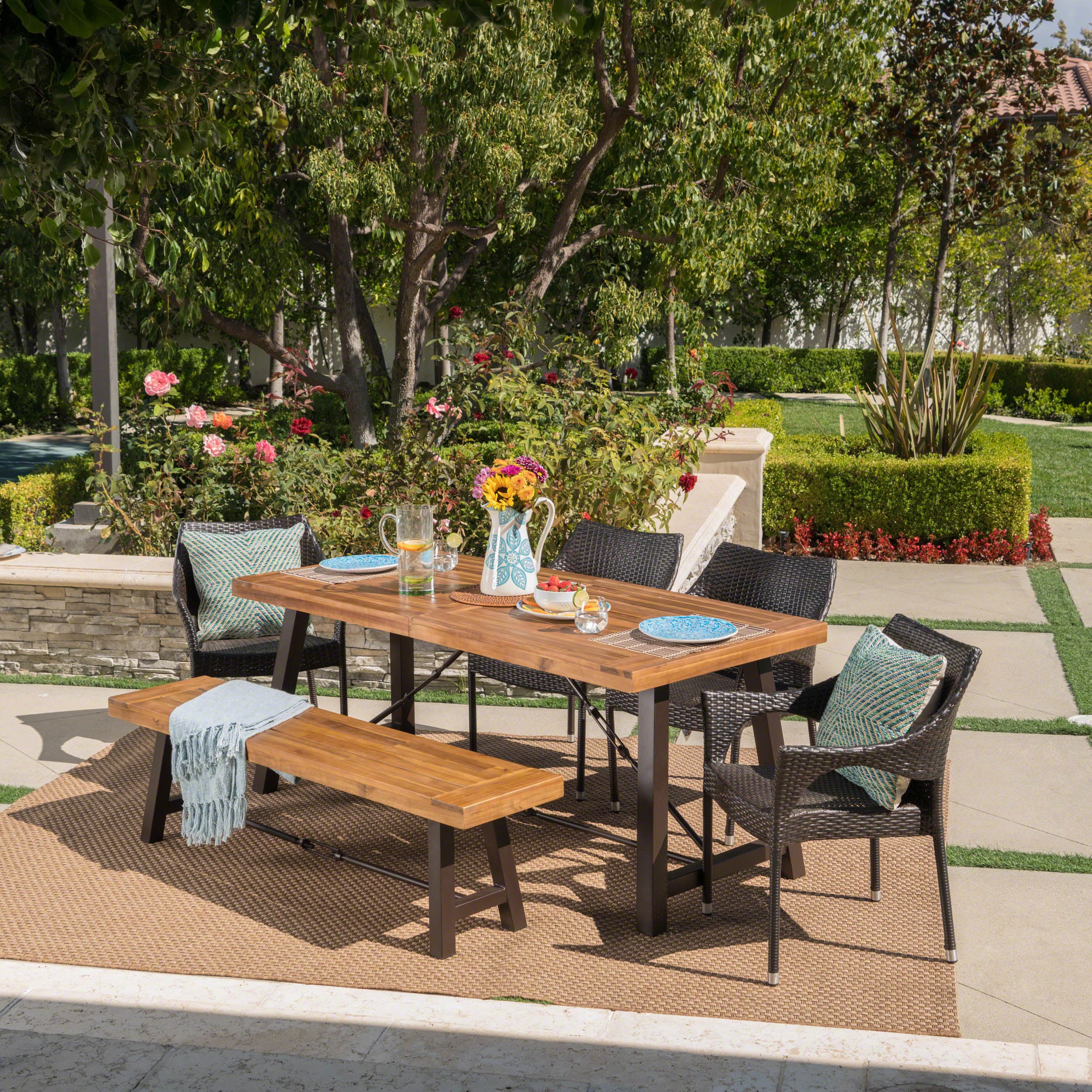 Montenegro Outdoor 6 Piece Teak Finished Acacia Wood Dining Set with Stacking Chairs - furnishings