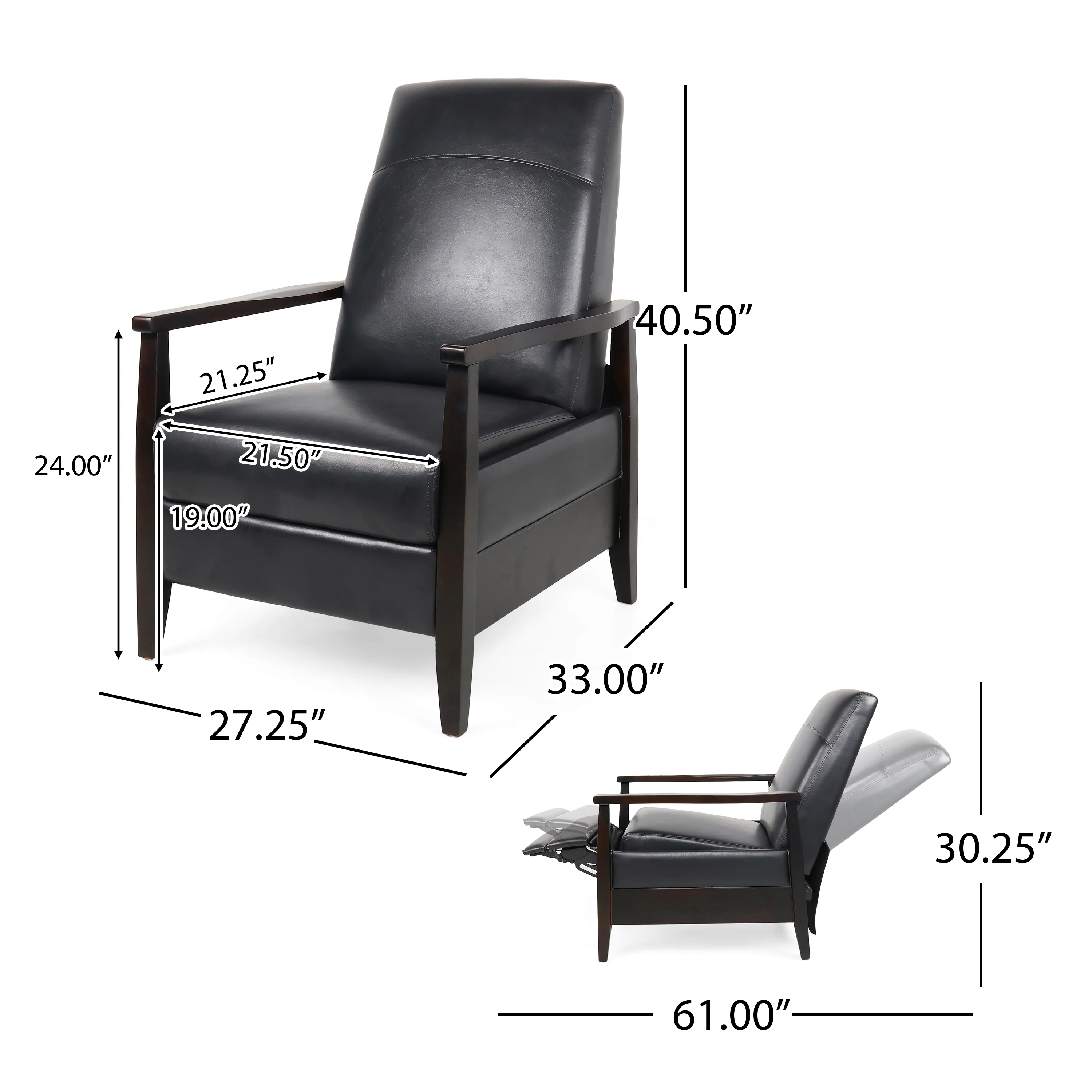 Mugo Mid Century Modern Faux Leather Upholstered Wood Pushback Recliner - furnishings