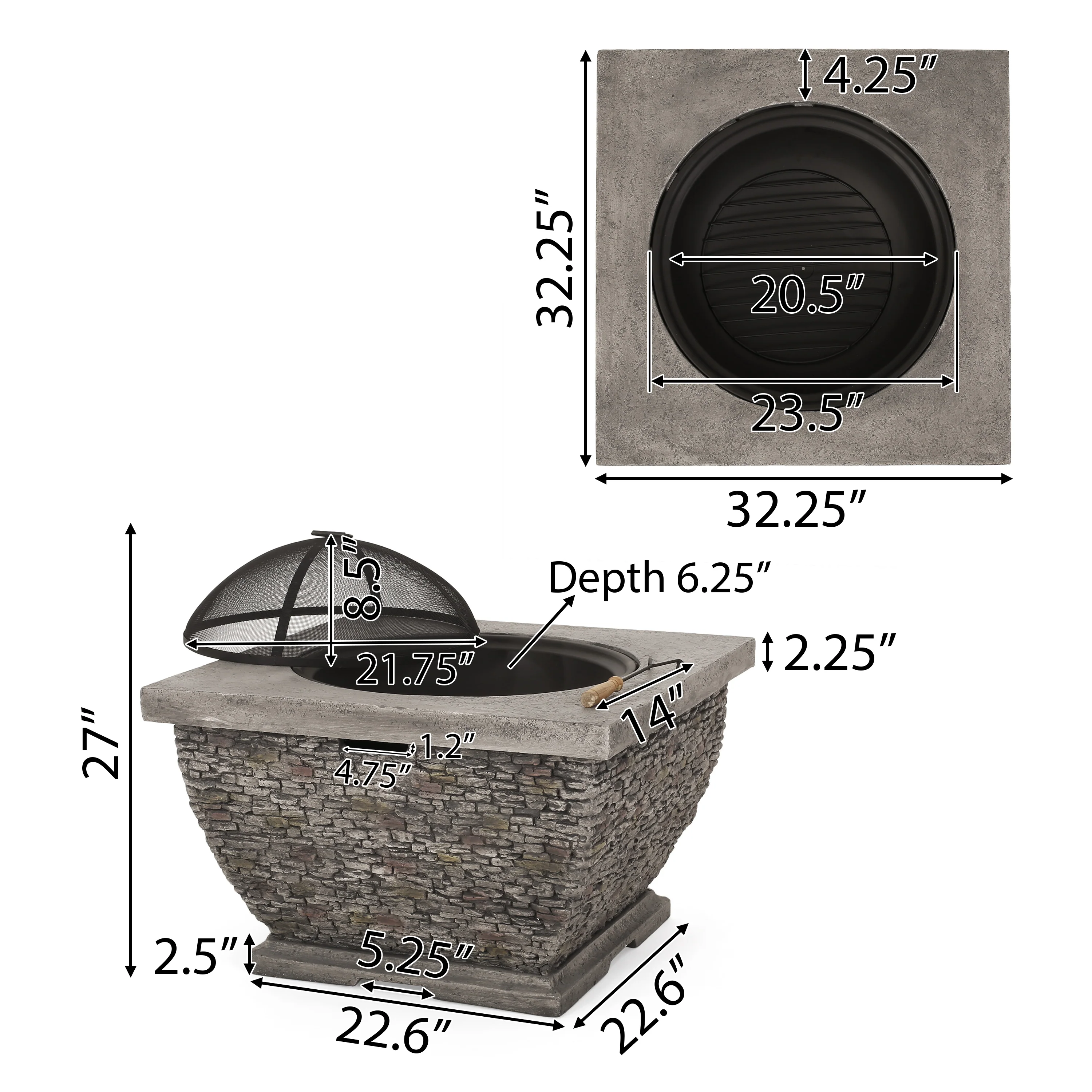 Laraine Outdoor 32-inch Wood Burning Light-Weight Concrete Square Fire Pit, Grey - furnishings
