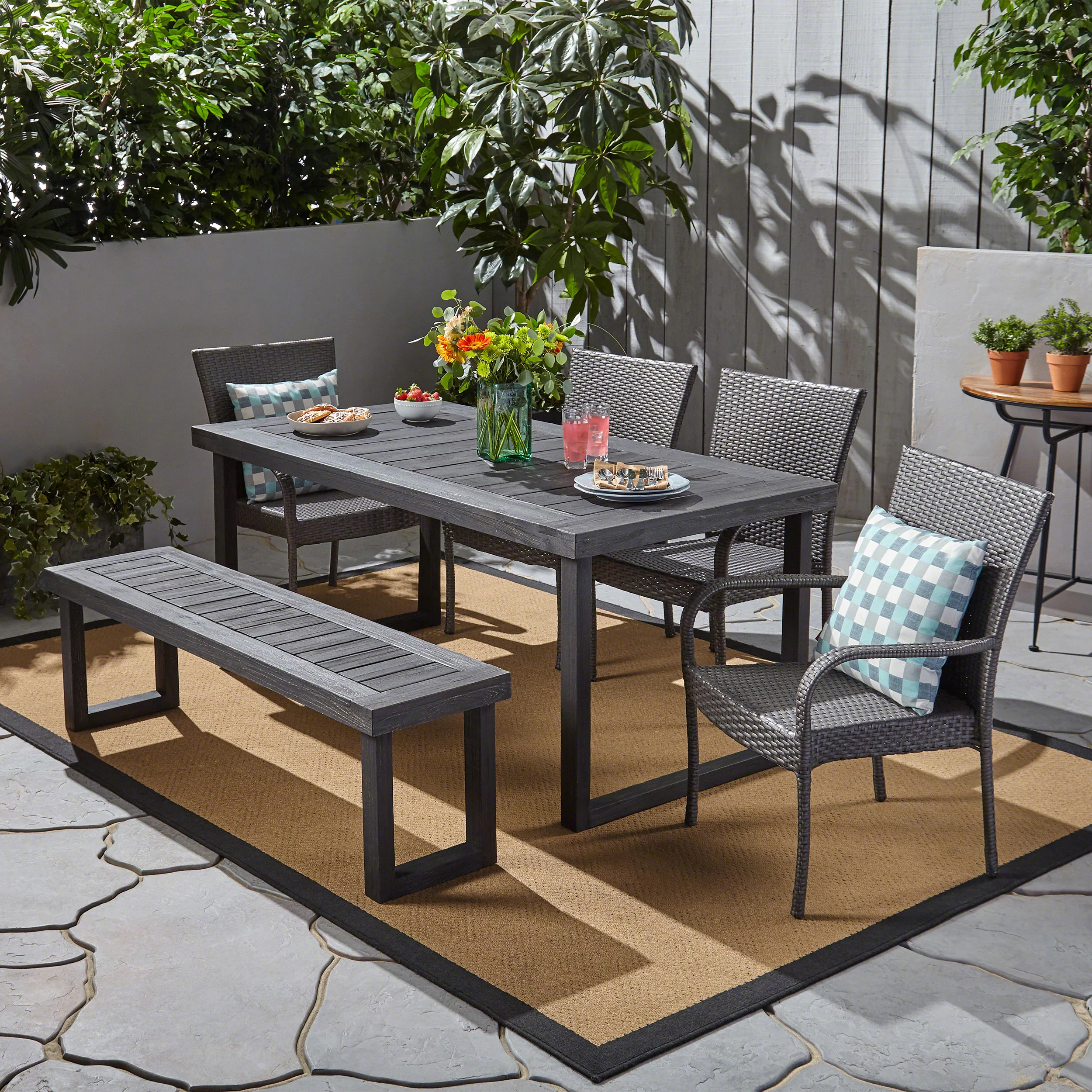 Eric Outdoor 6-Seater Wood and Wicker Chair and Bench Dining Set - furnishings