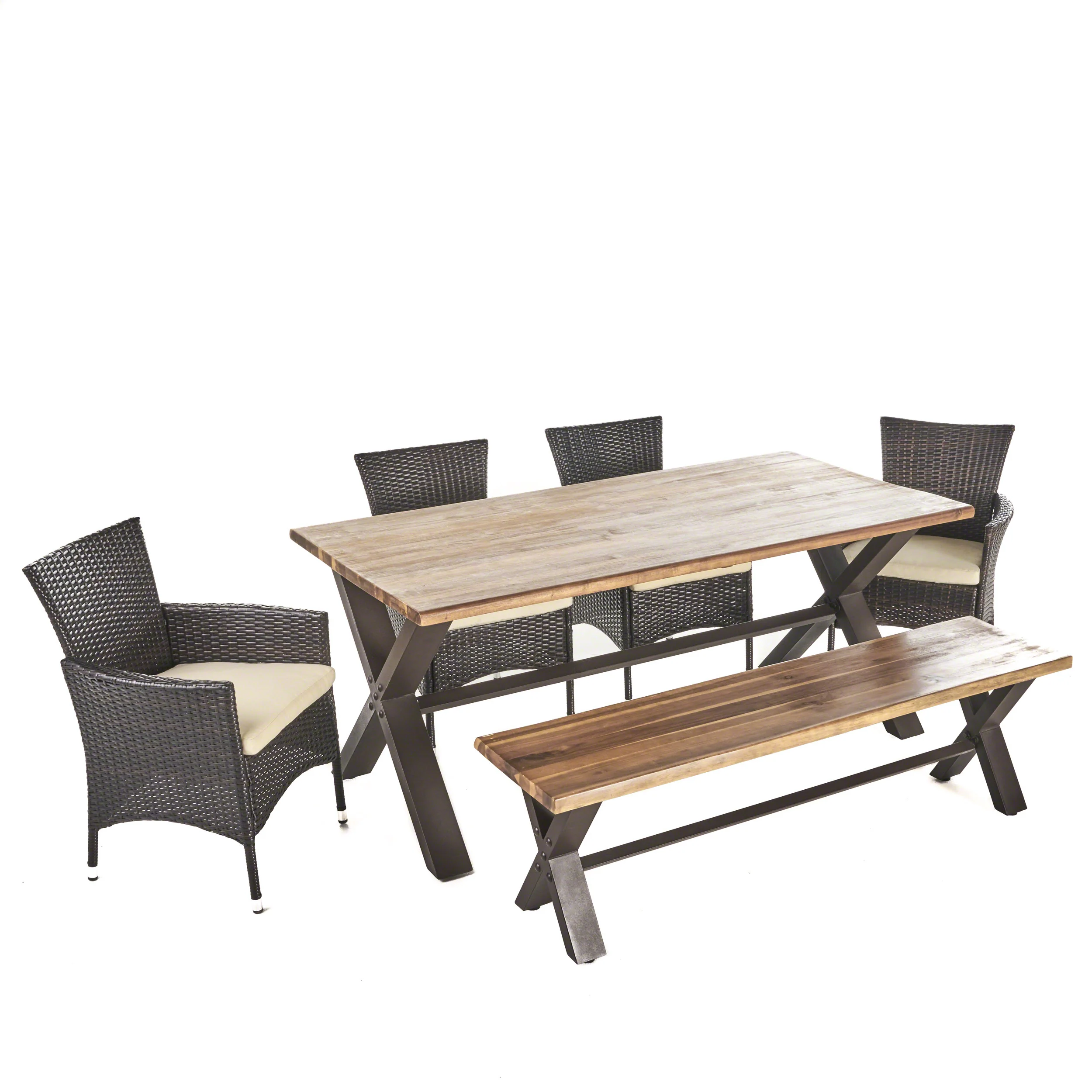 Trellis Outdoor 6 Piece Acacia Wood Dining Set with Wicker Dining Chairs - furnishings