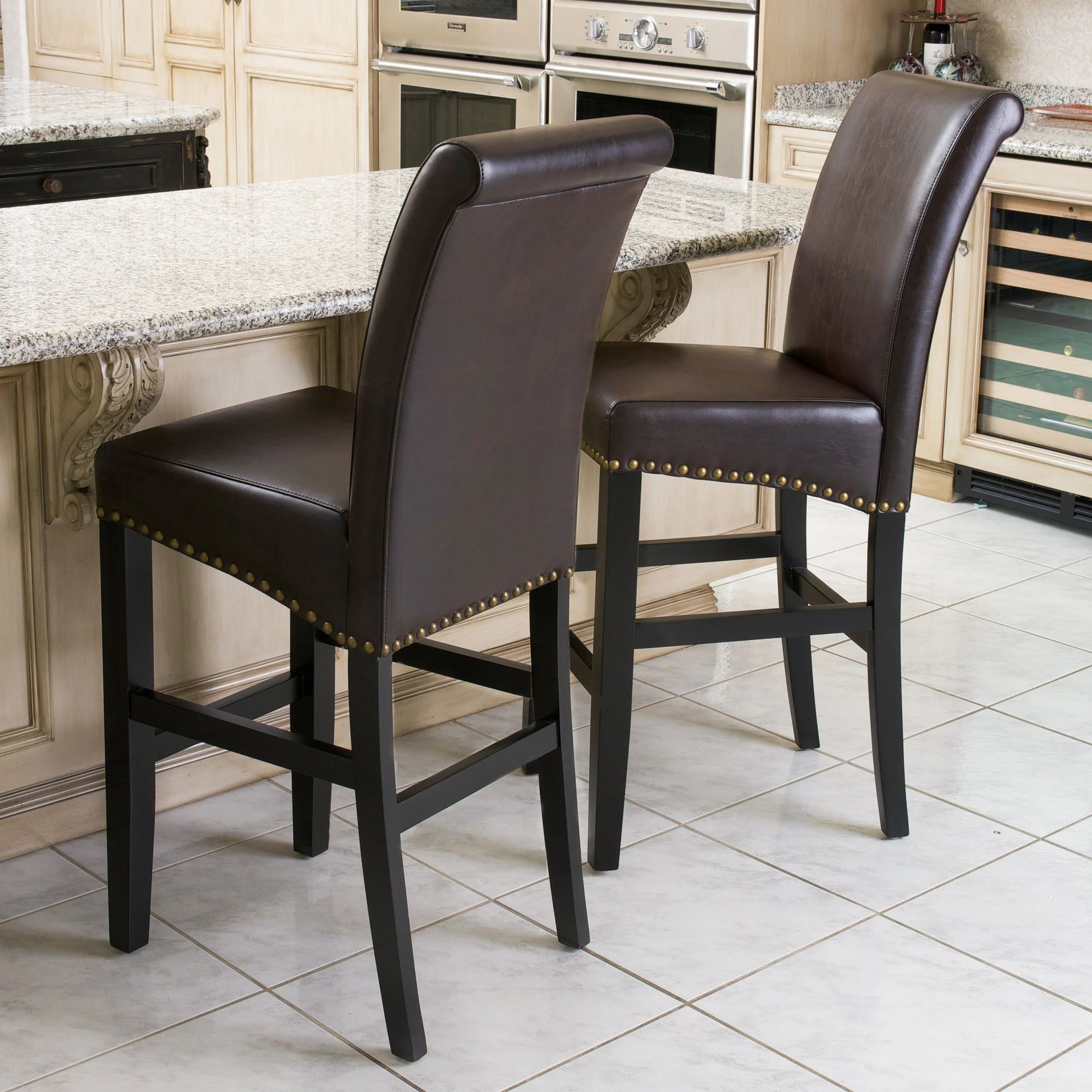 Jazzman Contemporary Bonded Leather Upholstered 30 Inch Barstools with Nailhead Trim, Set of 2, Brown and Matte Black - furnishings