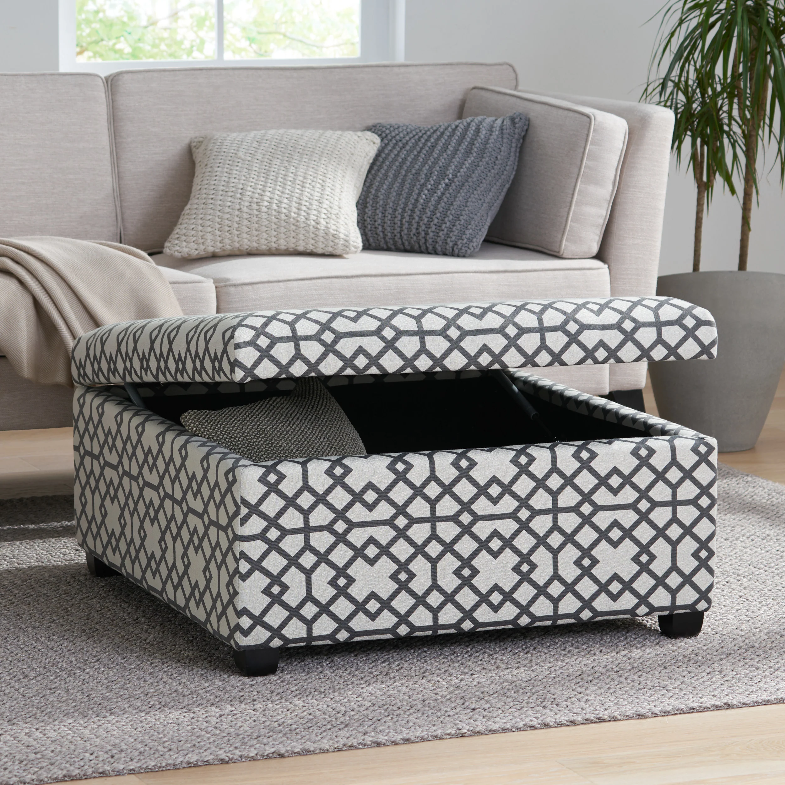 Estee Grey Geometric Pattern Fabric Square Storage Ottoman Coffee Table - furnishings