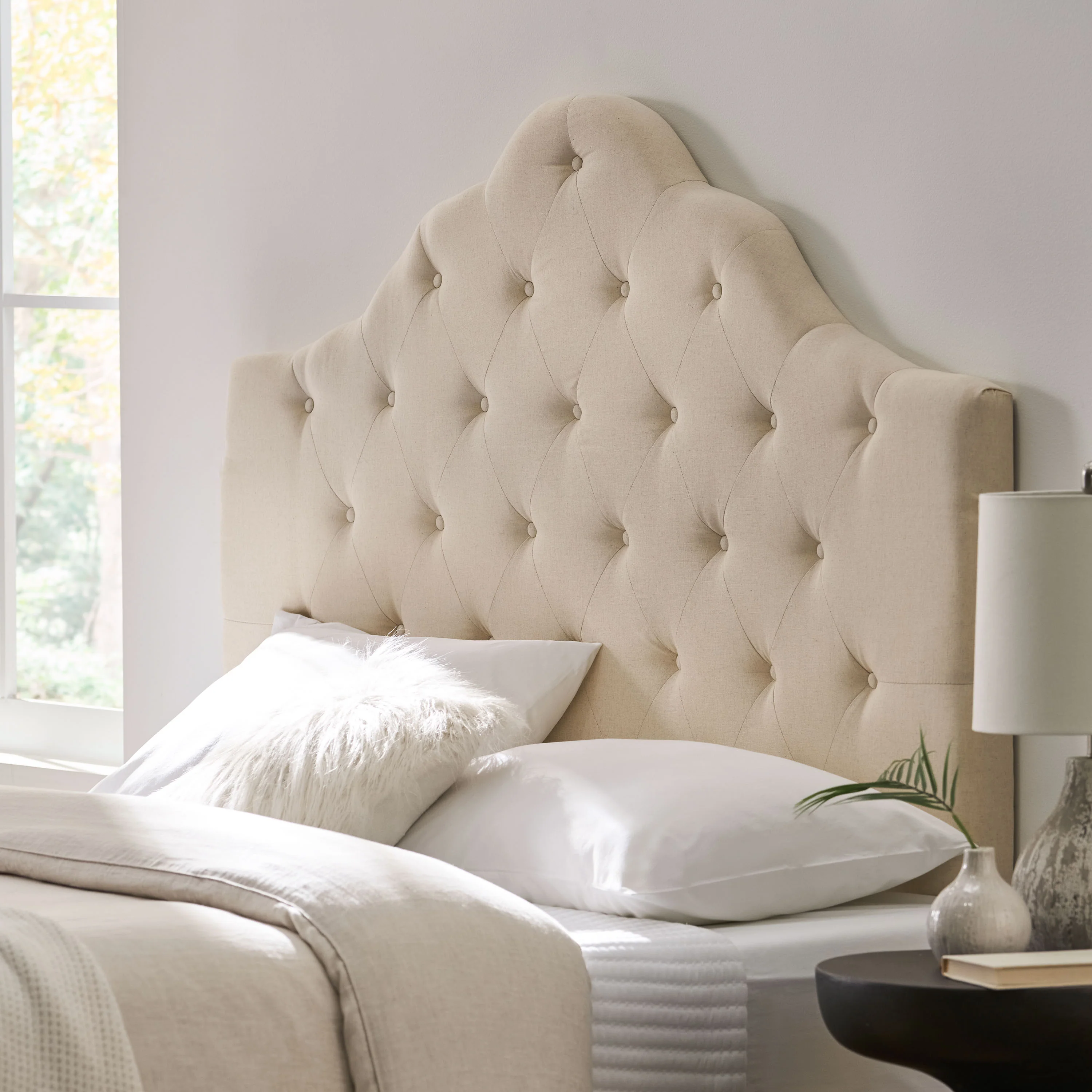 Orlban Contemporary Button Tufted Beige Fabric Queen/Full Headboard - furnishings