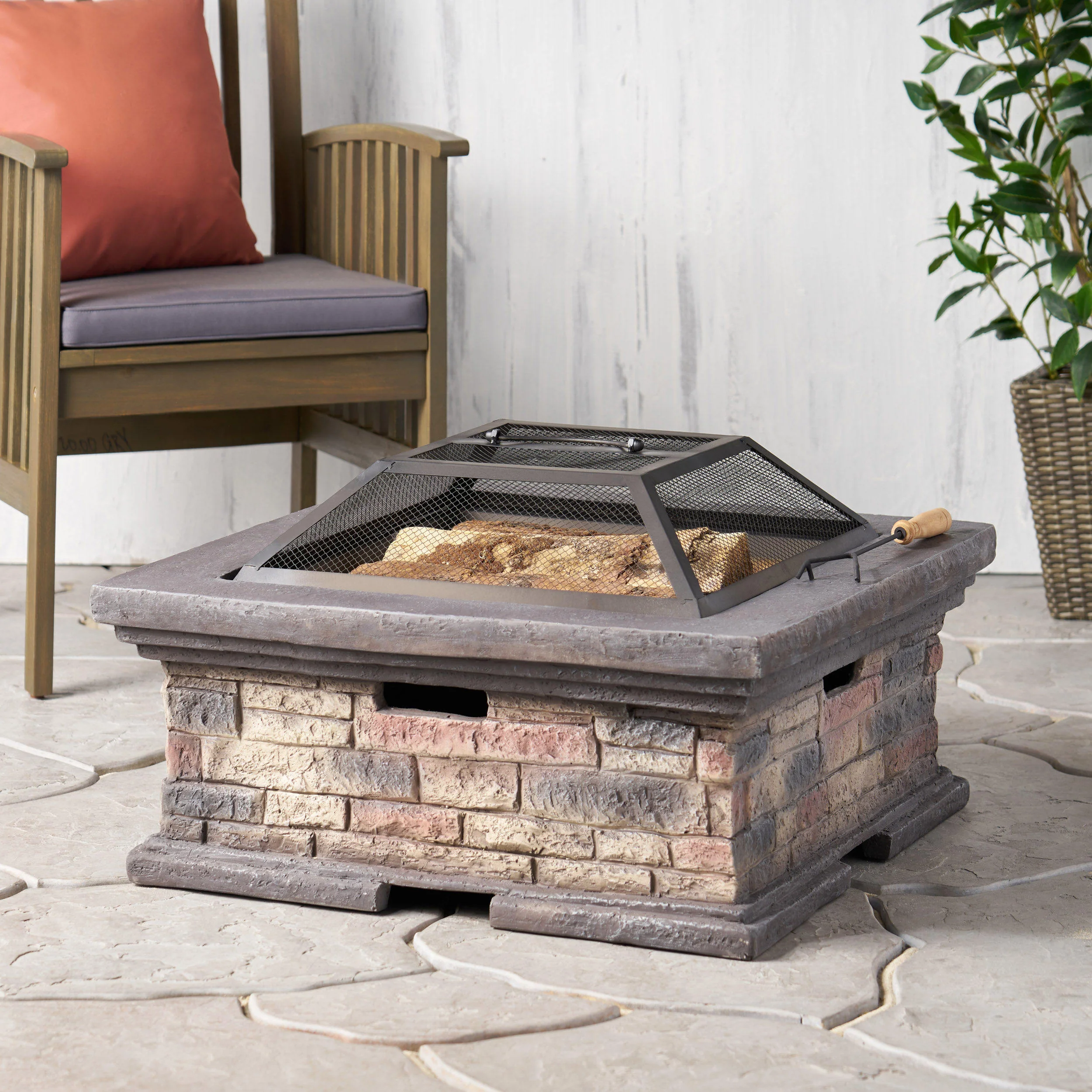 Neosho Outdoor Lightweight Concrete Wood Burning Square Fire Pit, Stone Finish - furnishings
