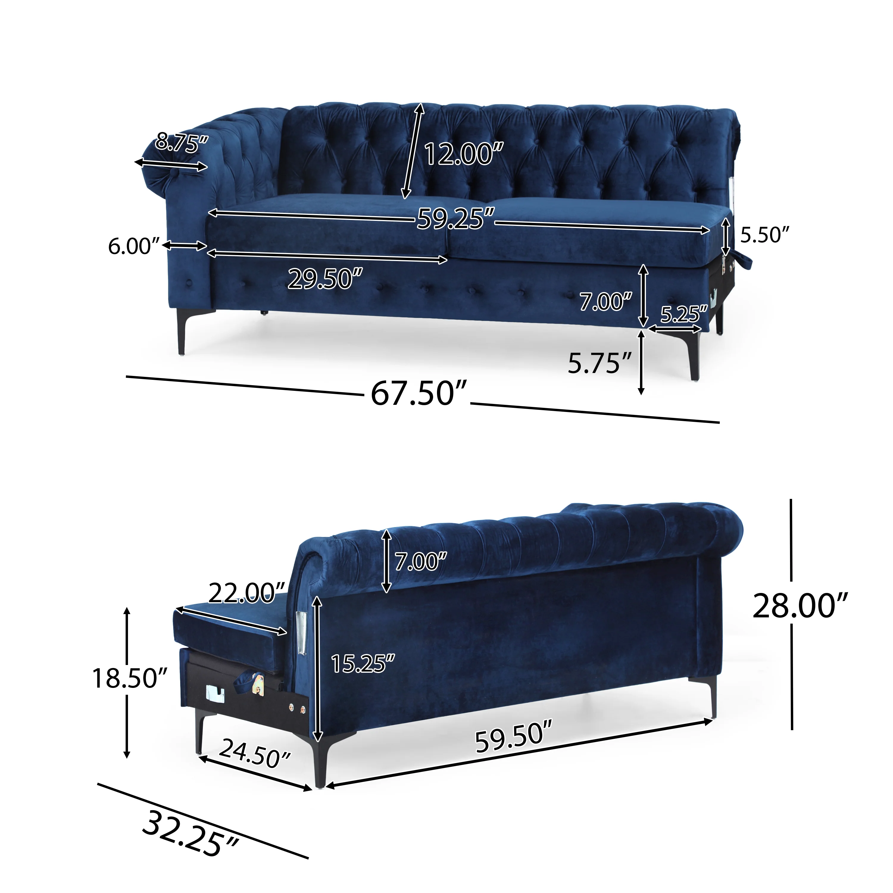 Juelz Contemporary Velvet 3 Seater Sectional Sofa with Chaise Lounge - furnishings