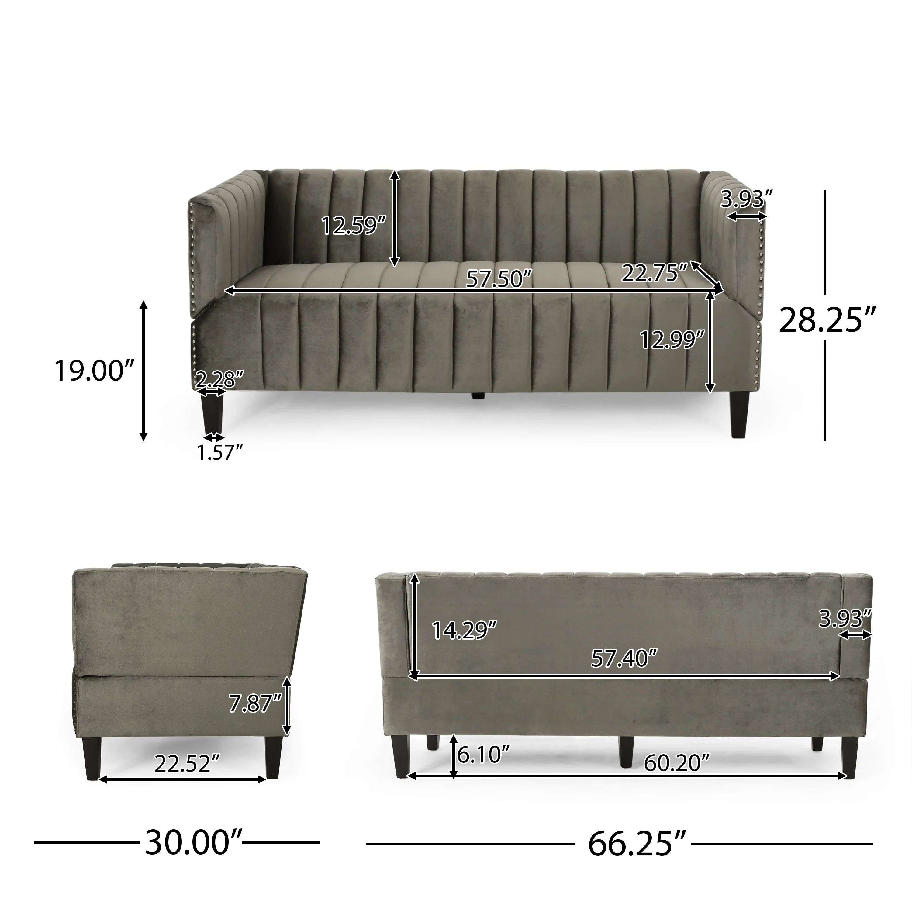 Masie Contemporary Channel Stitch Velvet 3 Seater Sofa - furnishings
