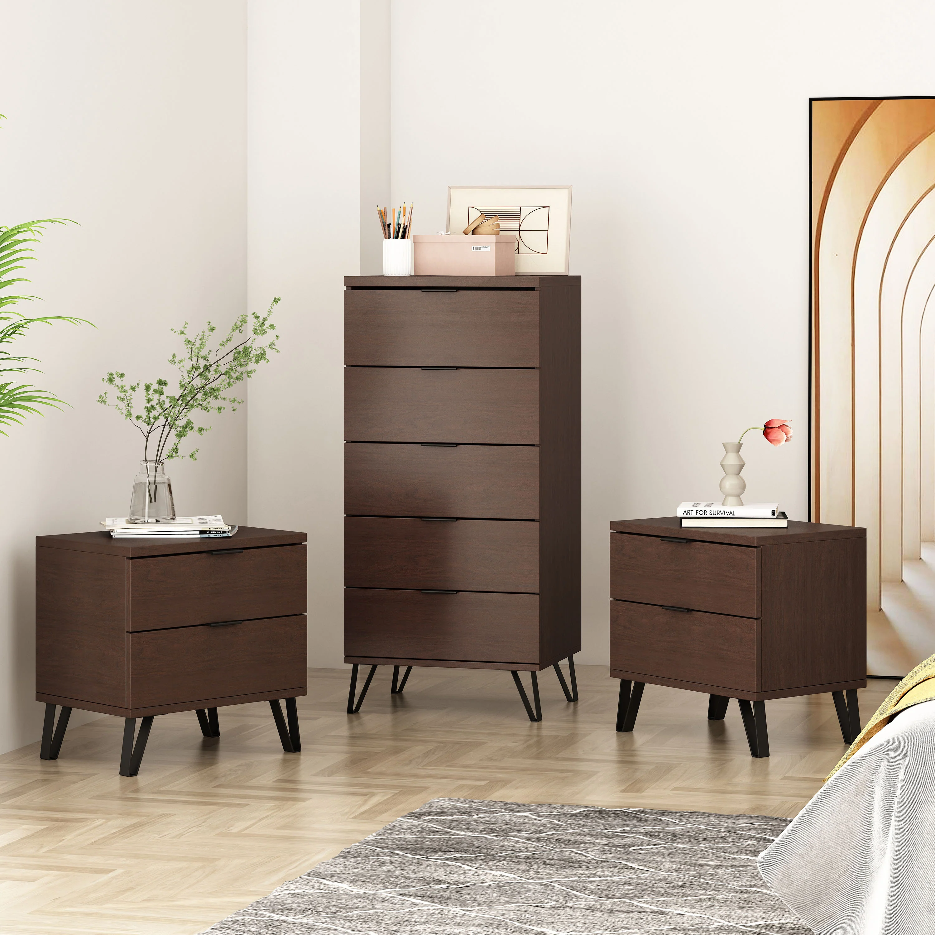 Demijen Modern Industrial 3 Piece 5 Drawer Dresser and Nightstand Bedroom Set, Walnut and Matte Black - furnishings