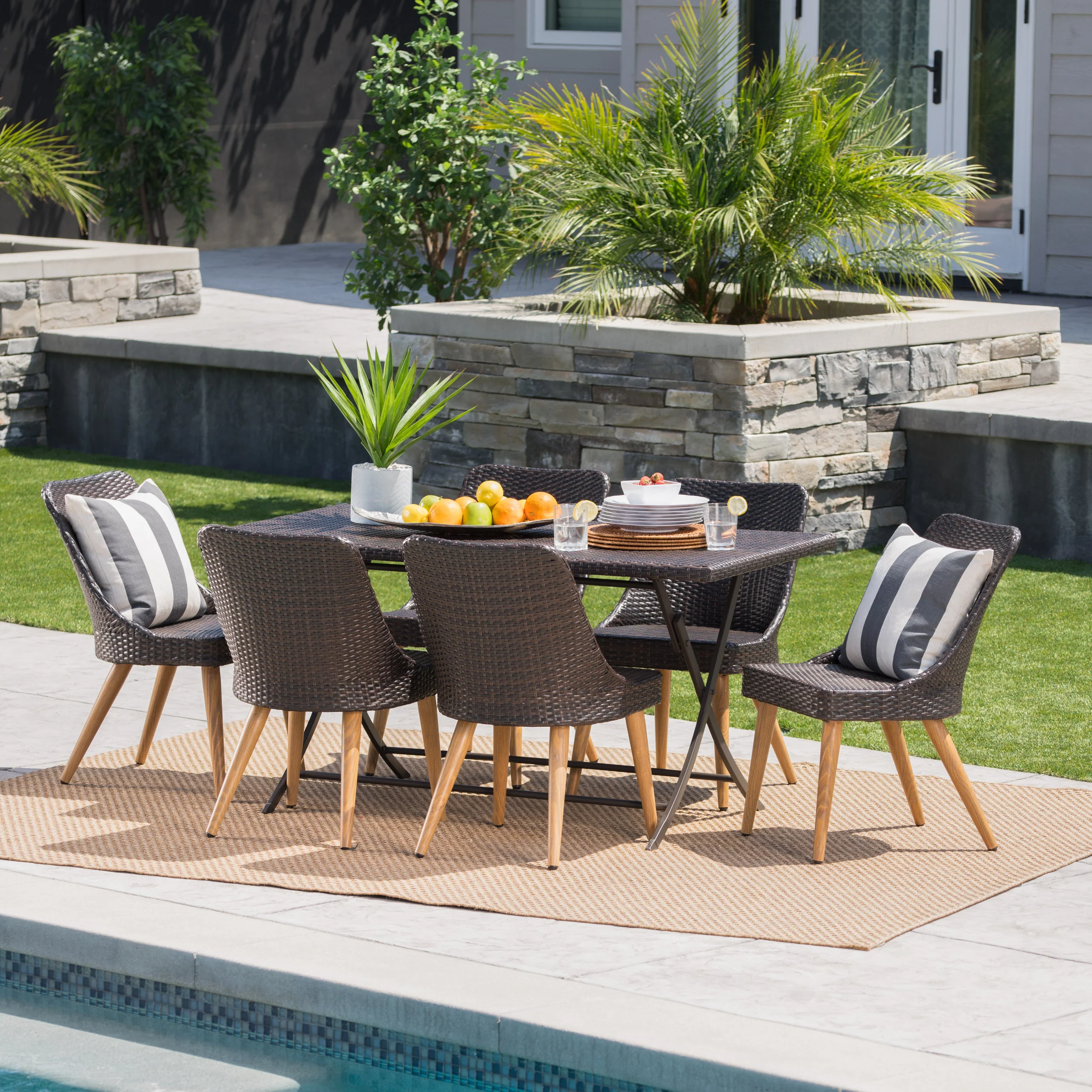 Fitzgerald Outdoor 7 Piece Multi-brown Wicker Dining Set - furnishings