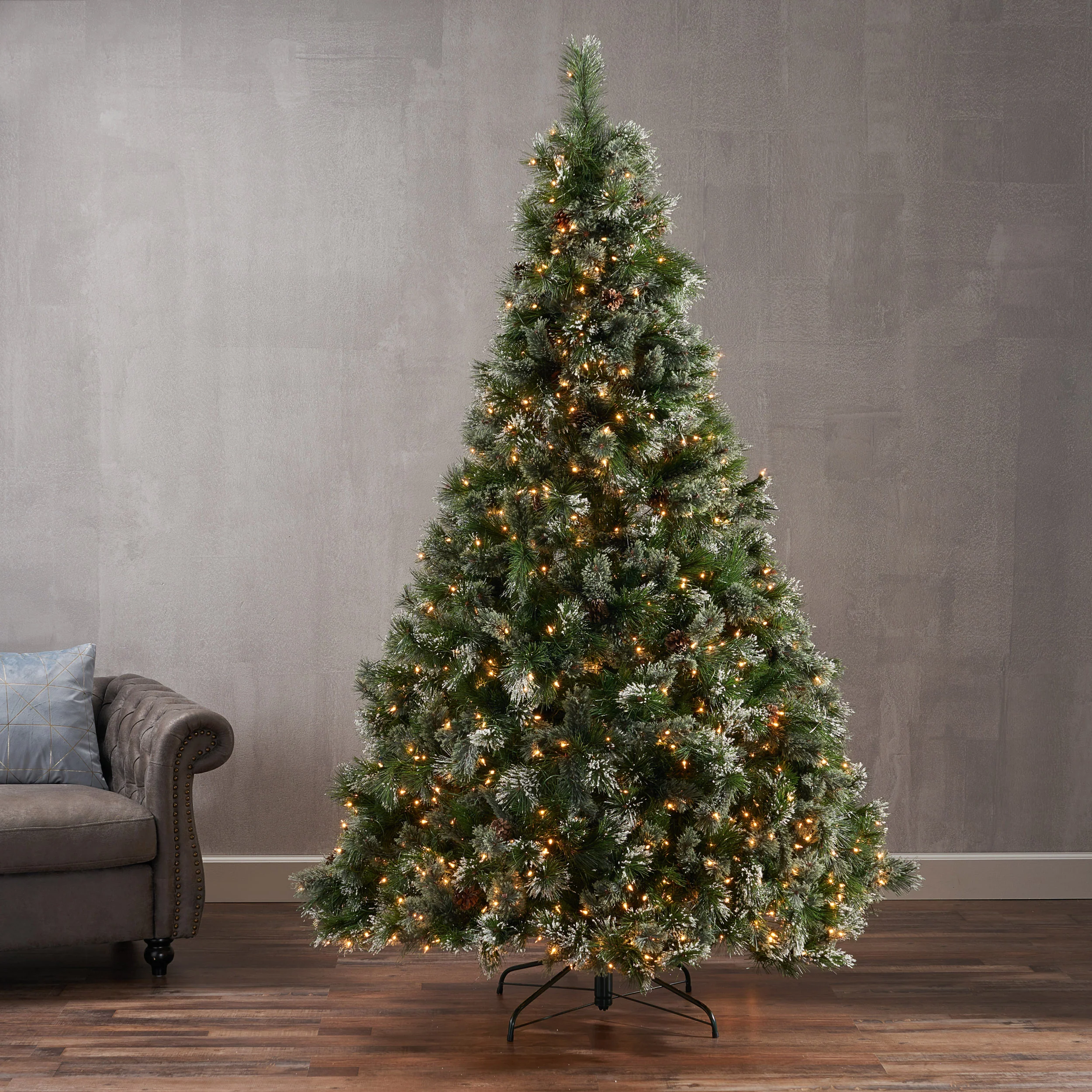 7.5-foot Cashmere Pine and Mixed Needles Hinged Artificial Christmas Tree with Snowy Branches and Pinecones - furnishings