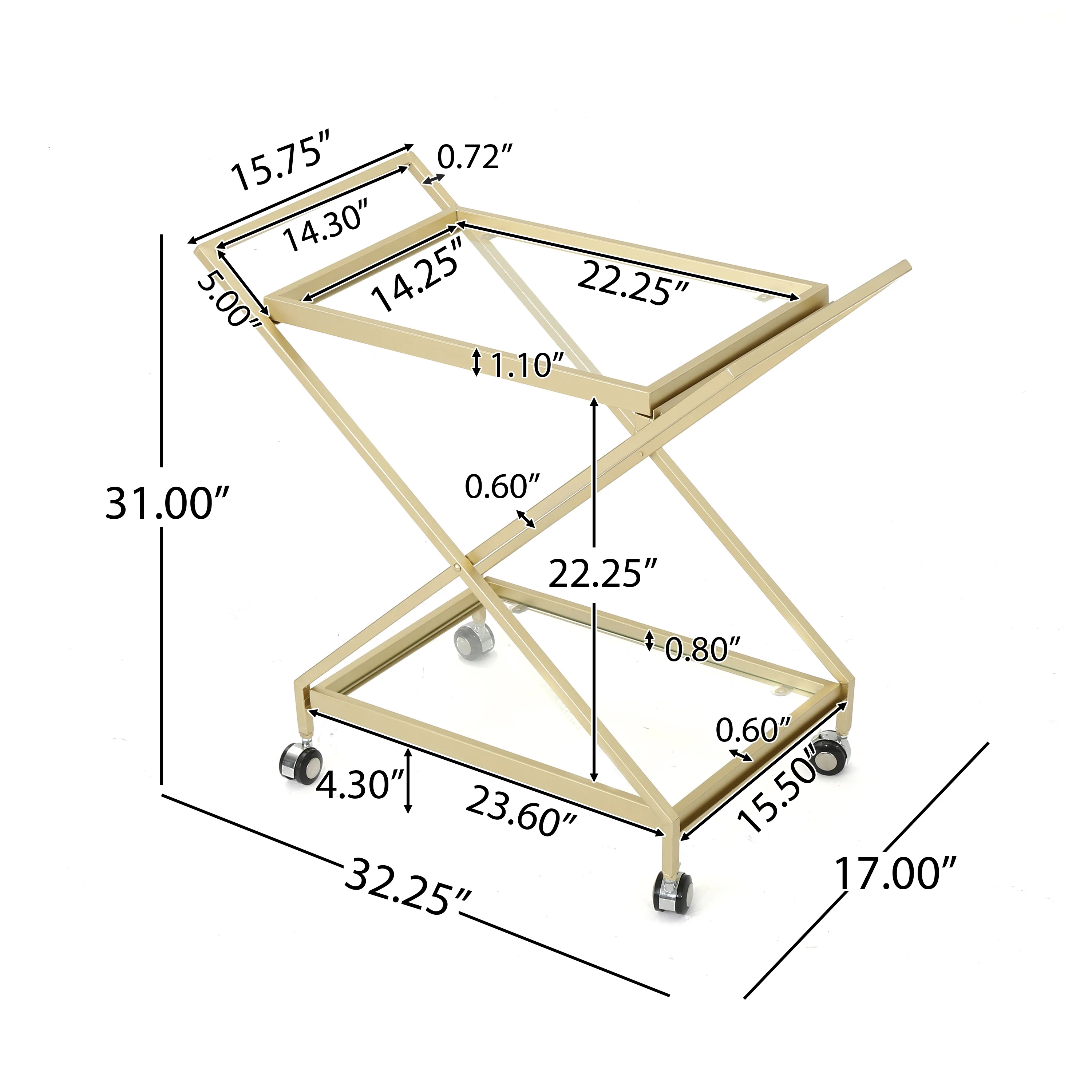 Easter Indoor Industrial Iron and Glass Bar Cart, Gold - furnishings
