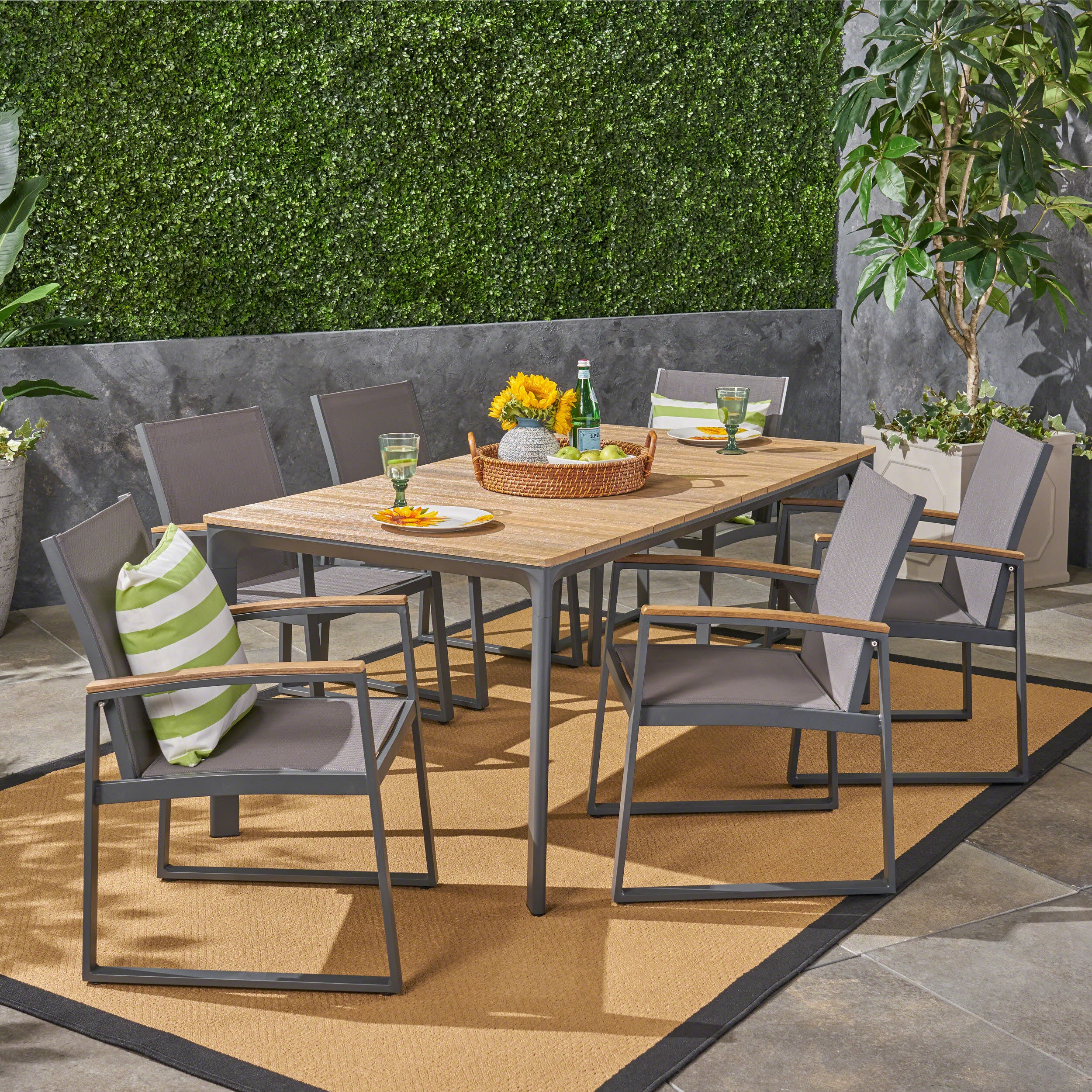Jace Outdoor 7 Piece Aluminum & Wood Dining Set - furnishings