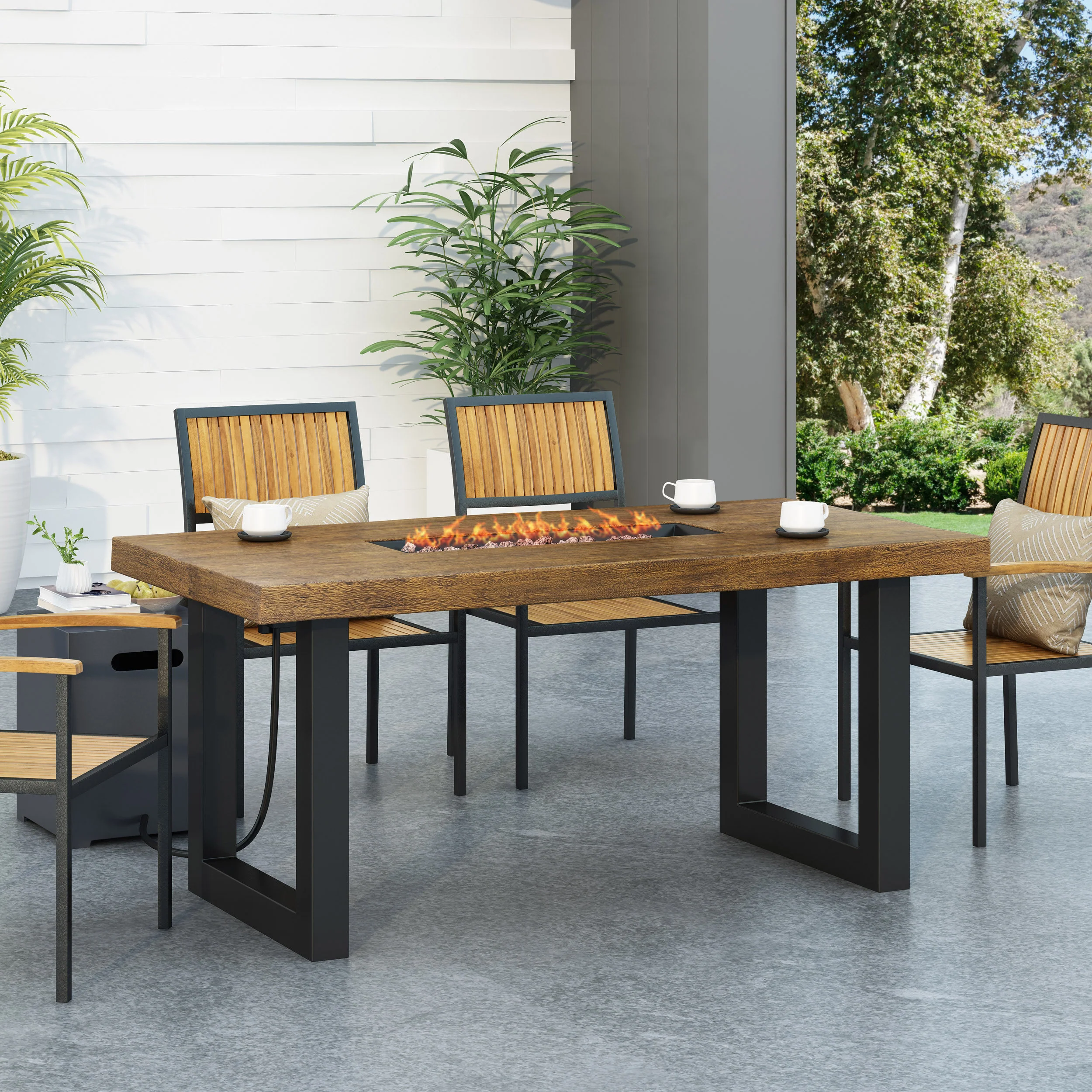 Collinston Outdoor 40,000 BTU Fire Pit Dining Table with Tank Holder, Antique Teak, Black, and Dark Gray - furnishings
