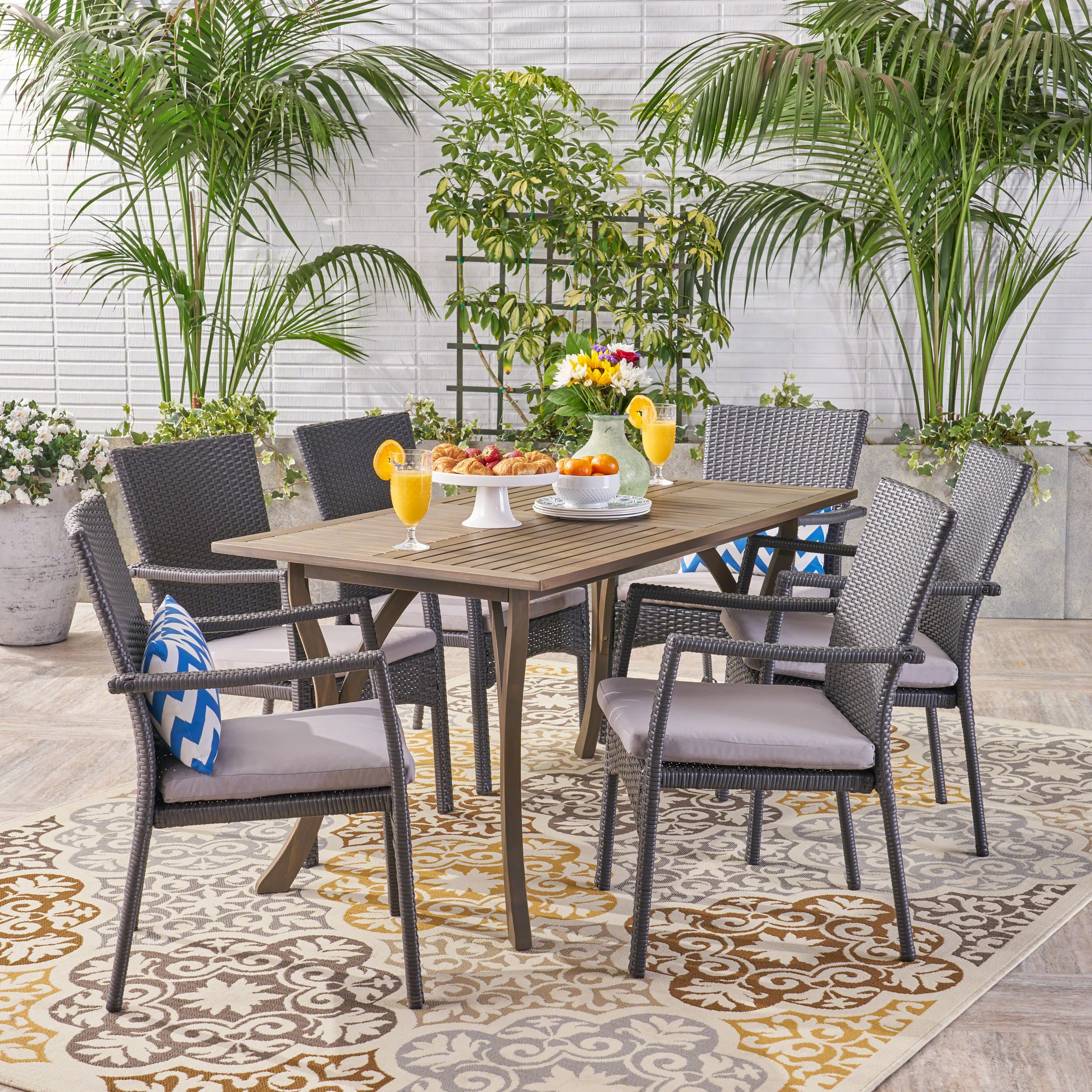 Ronnie Outdoor 7 Piece Wood and Wicker Dining Set, Gray and Gray - furnishings