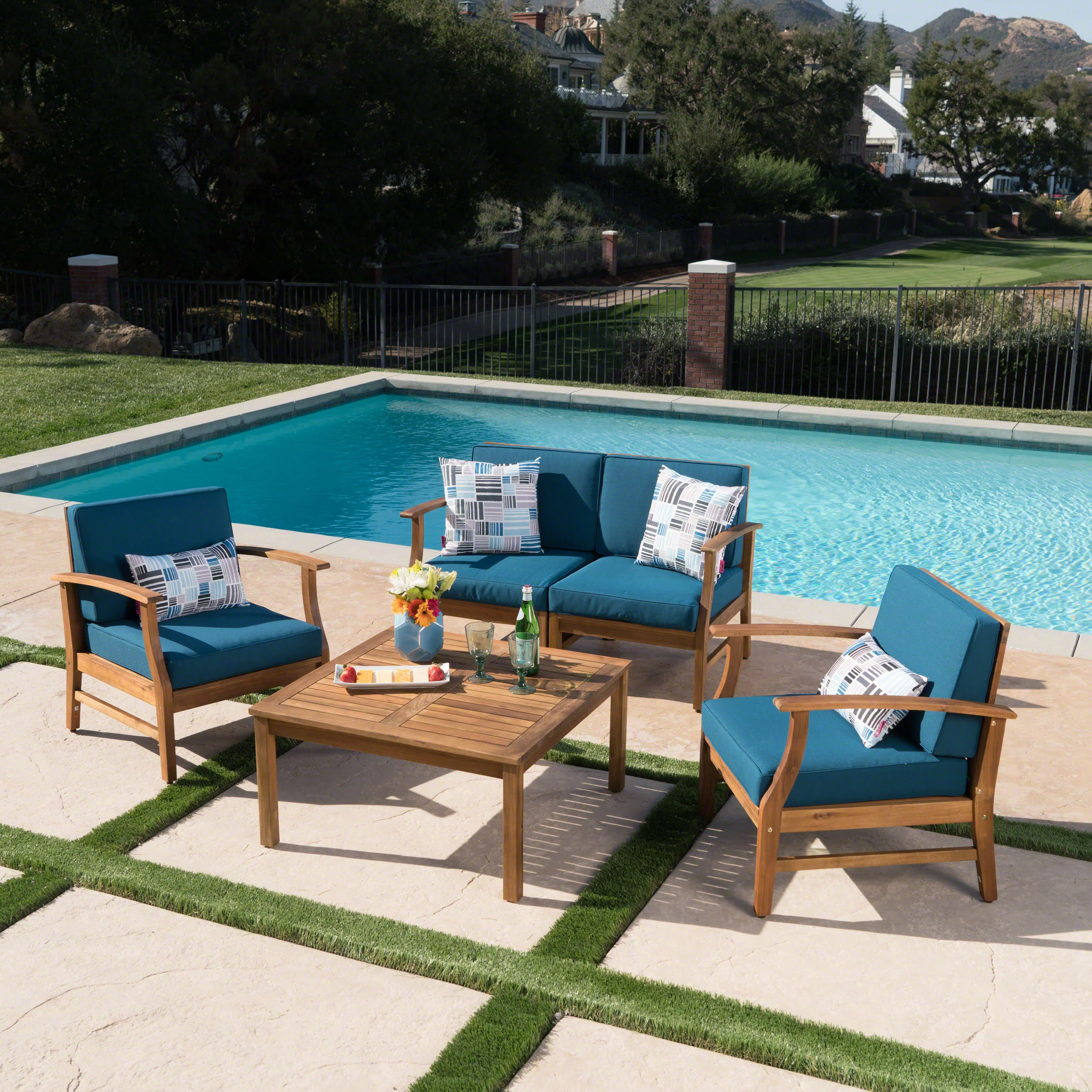 Lorelei Outdoor 4 Seat Teak Finished Acacia Wood Chat Set with Water Resistant Cushions - furnishings