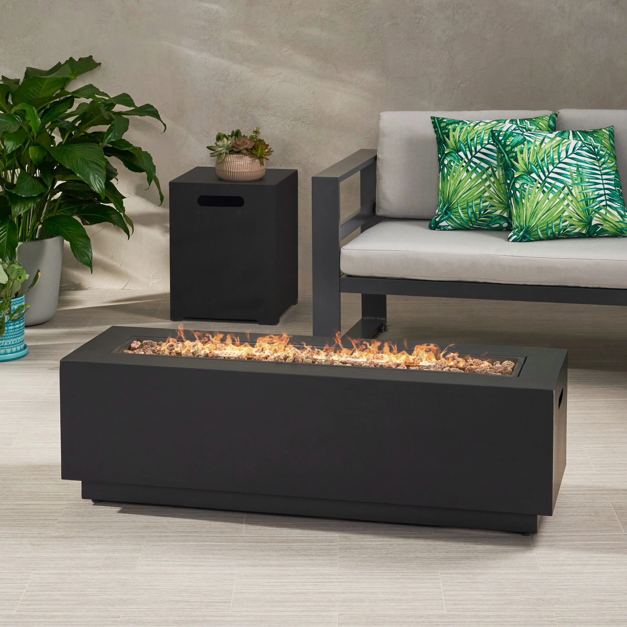 Jasmine Outdoor Dark Gray Iron Rectangular Propane Fire Pit - 50,000 BTU - furnishings