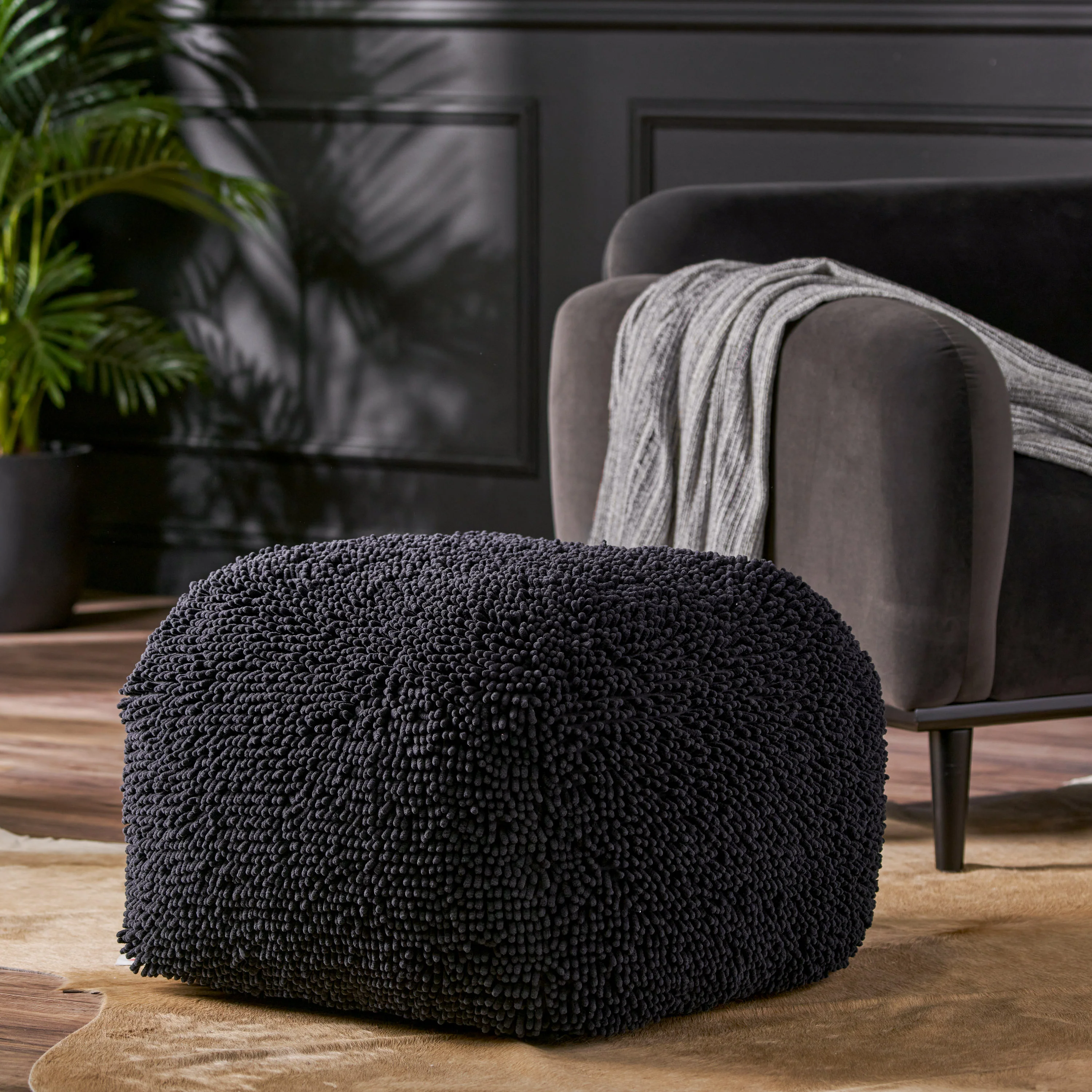 Statham Modern Microfiber Chenille Square Pouf - furnishings