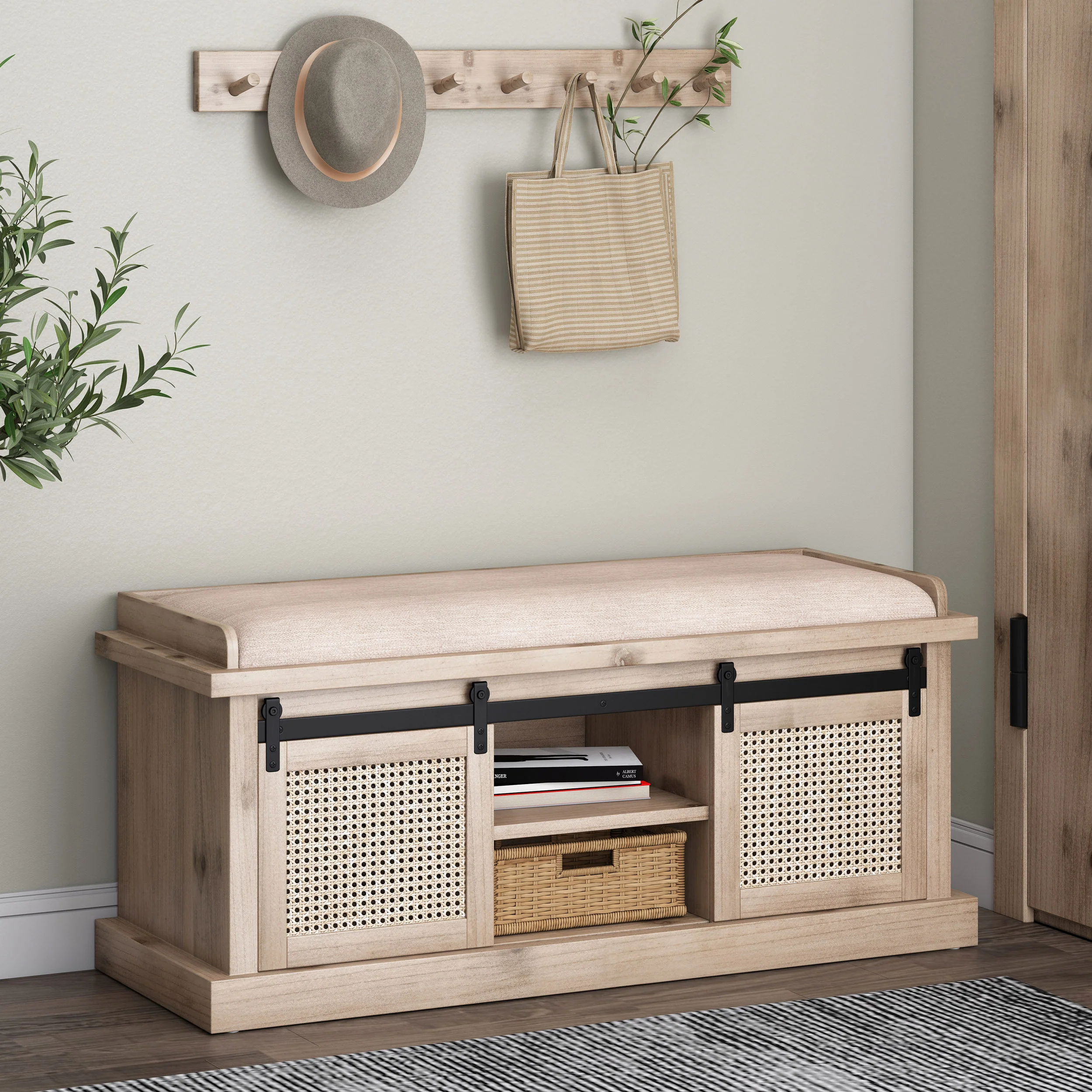 Ferster Rustic Storage Bench with Cushion, Beige, Natural, and Black - furnishings