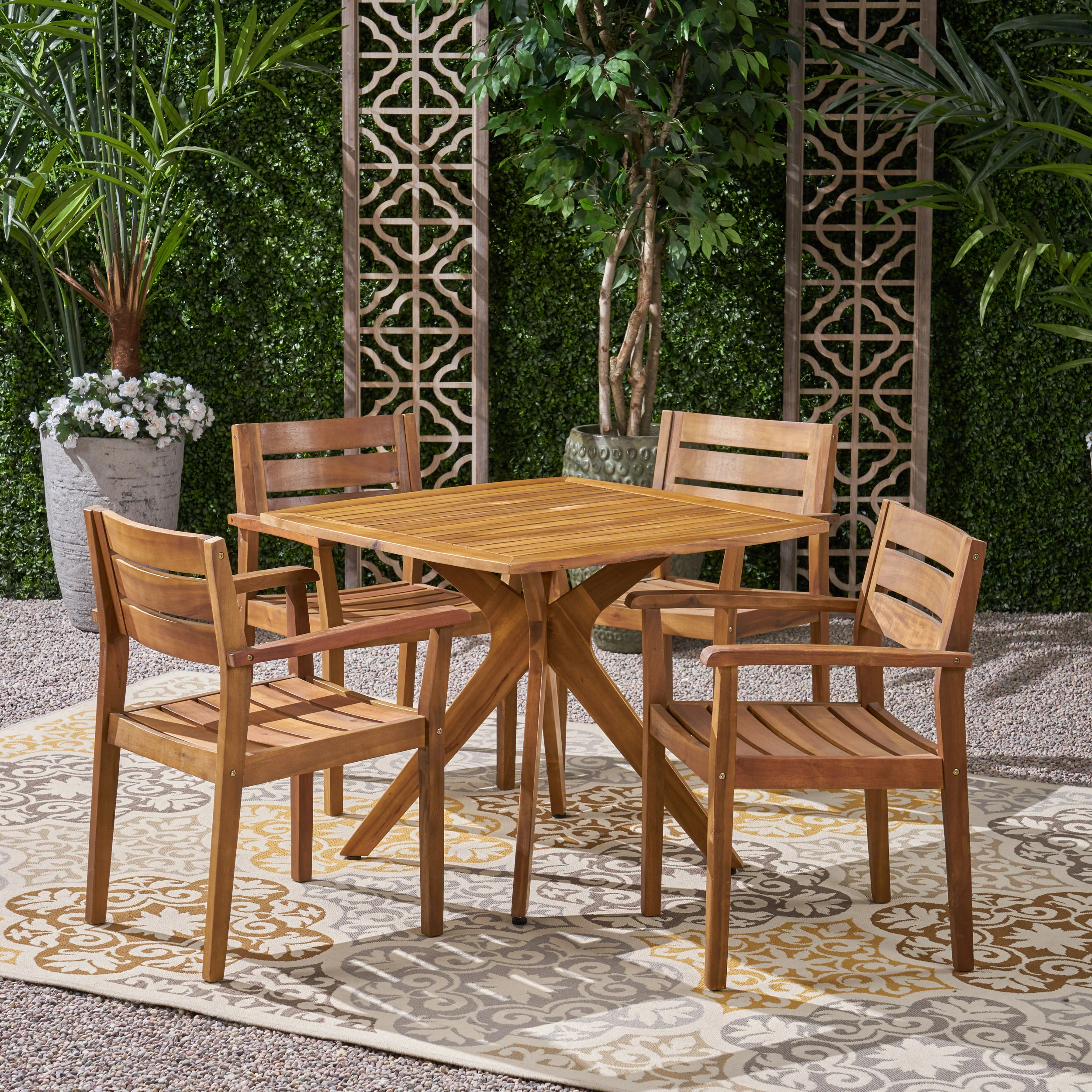 Stanford Outdoor 5 Piece Acacia Wood Dining Set Wit X Base - furnishings