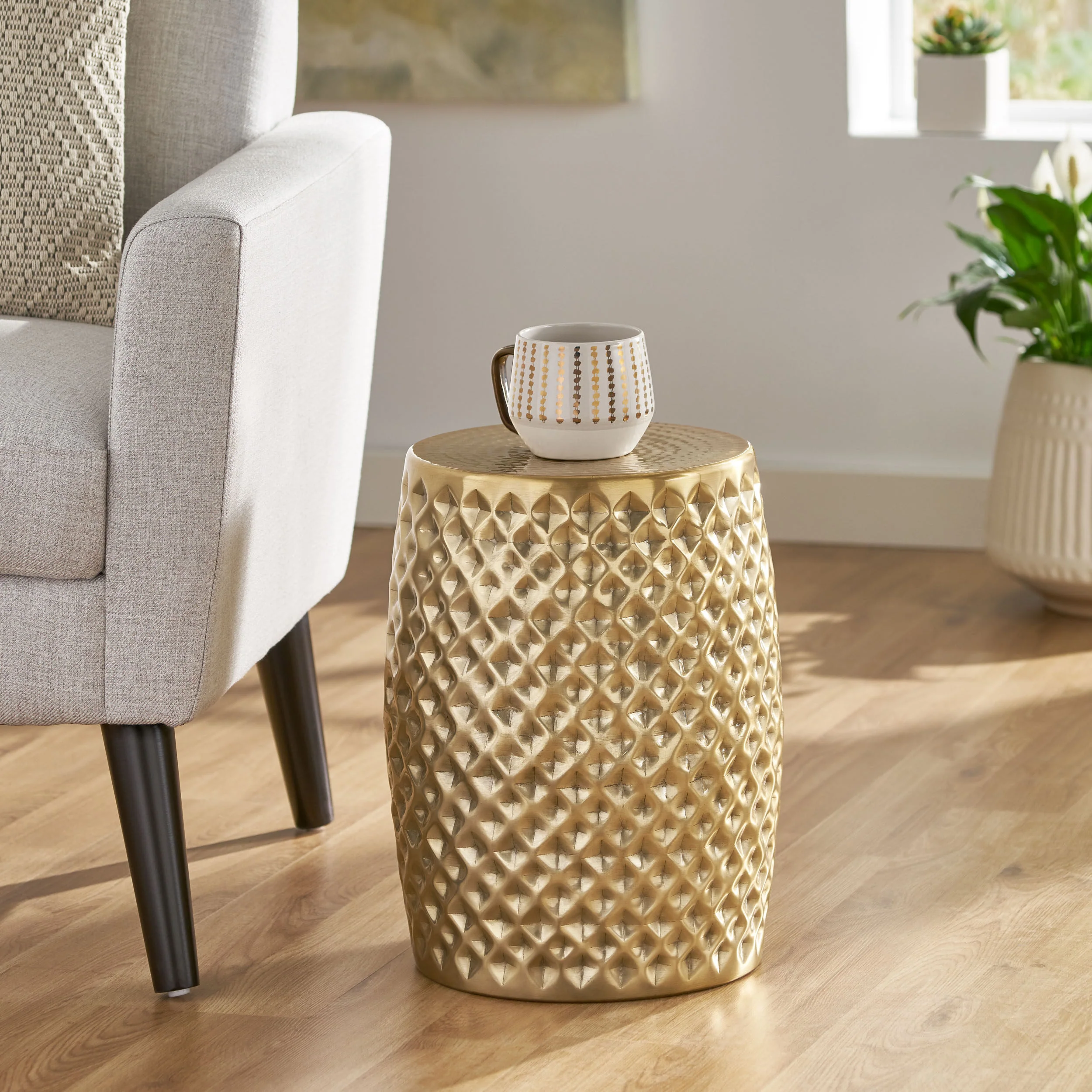Kimberly Boho Glam Handcrafted Hammered Aluminum Side Table, Brass - furnishings