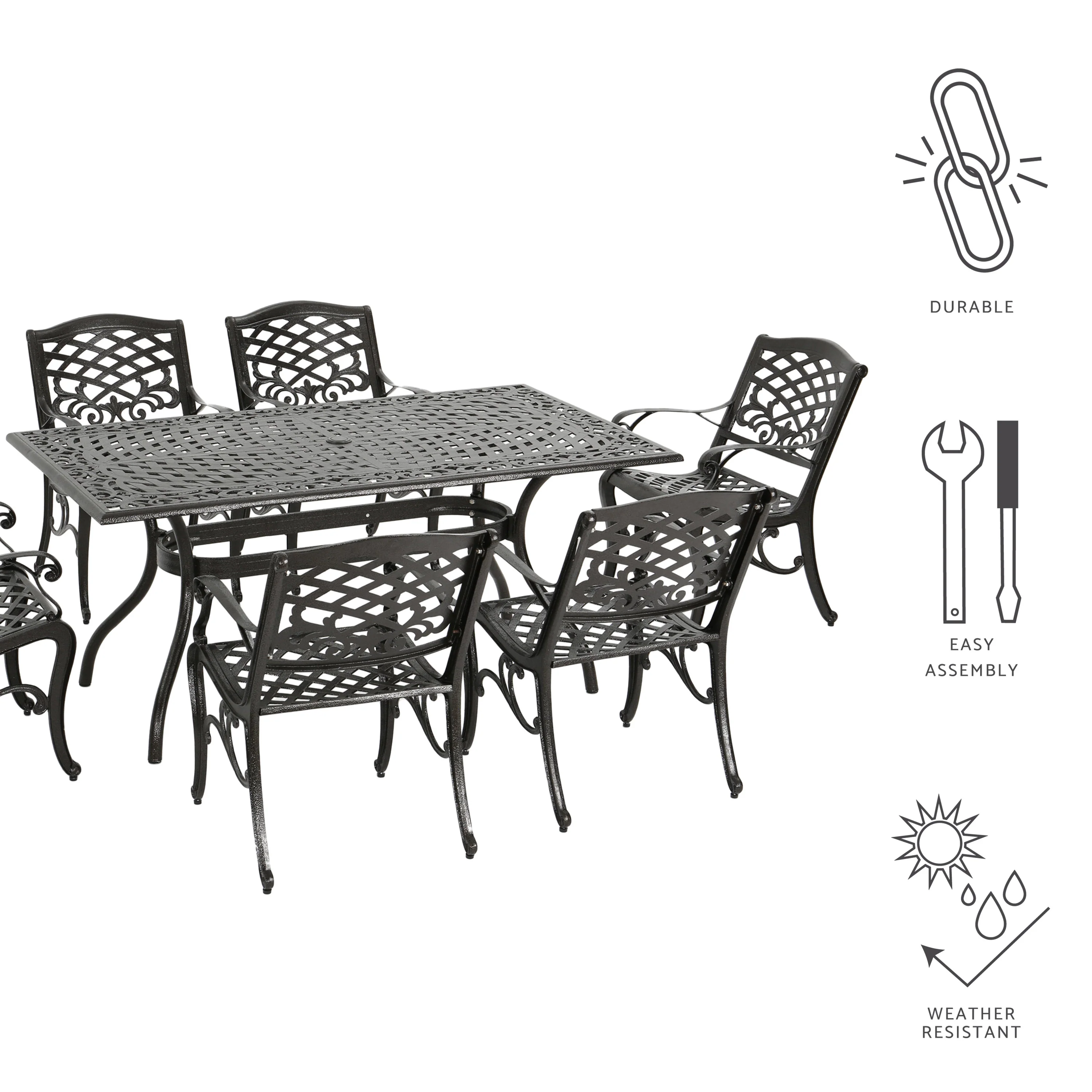 Odena Outdoor 7-piece Cast Aluminum Rectangle Bronze Dining Set - furnishings