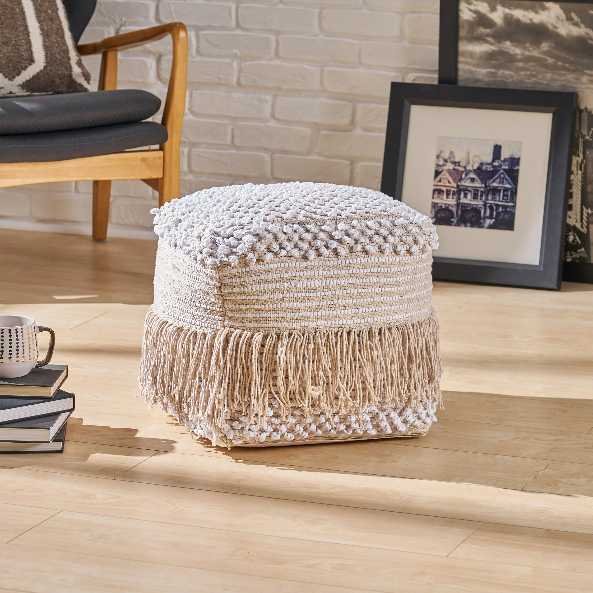 Alfie Boho Cotton Pouf, White - furnishings