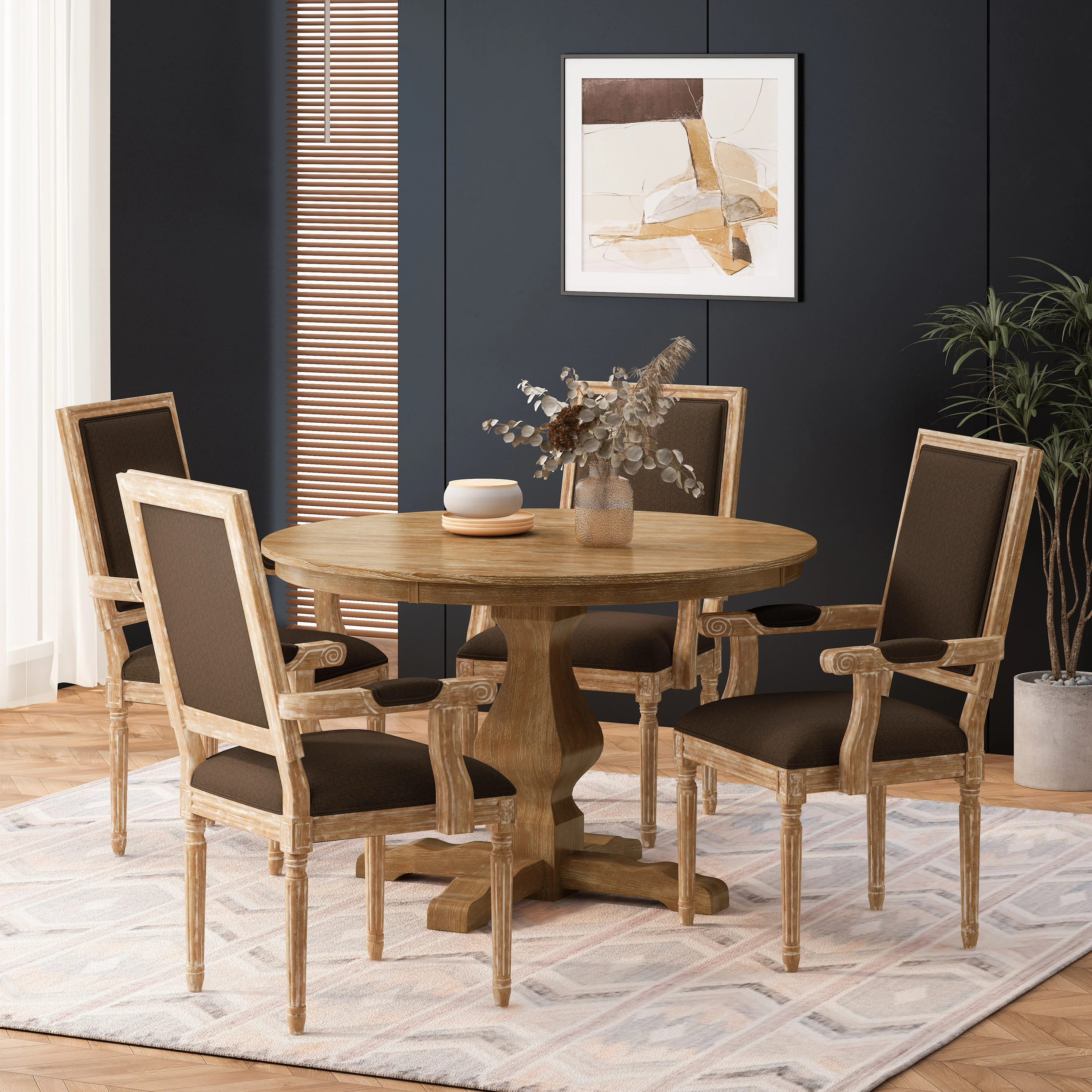 Joretta French Country Fabric Upholstered Wood 5 Piece Circular Dining Set - furnishings