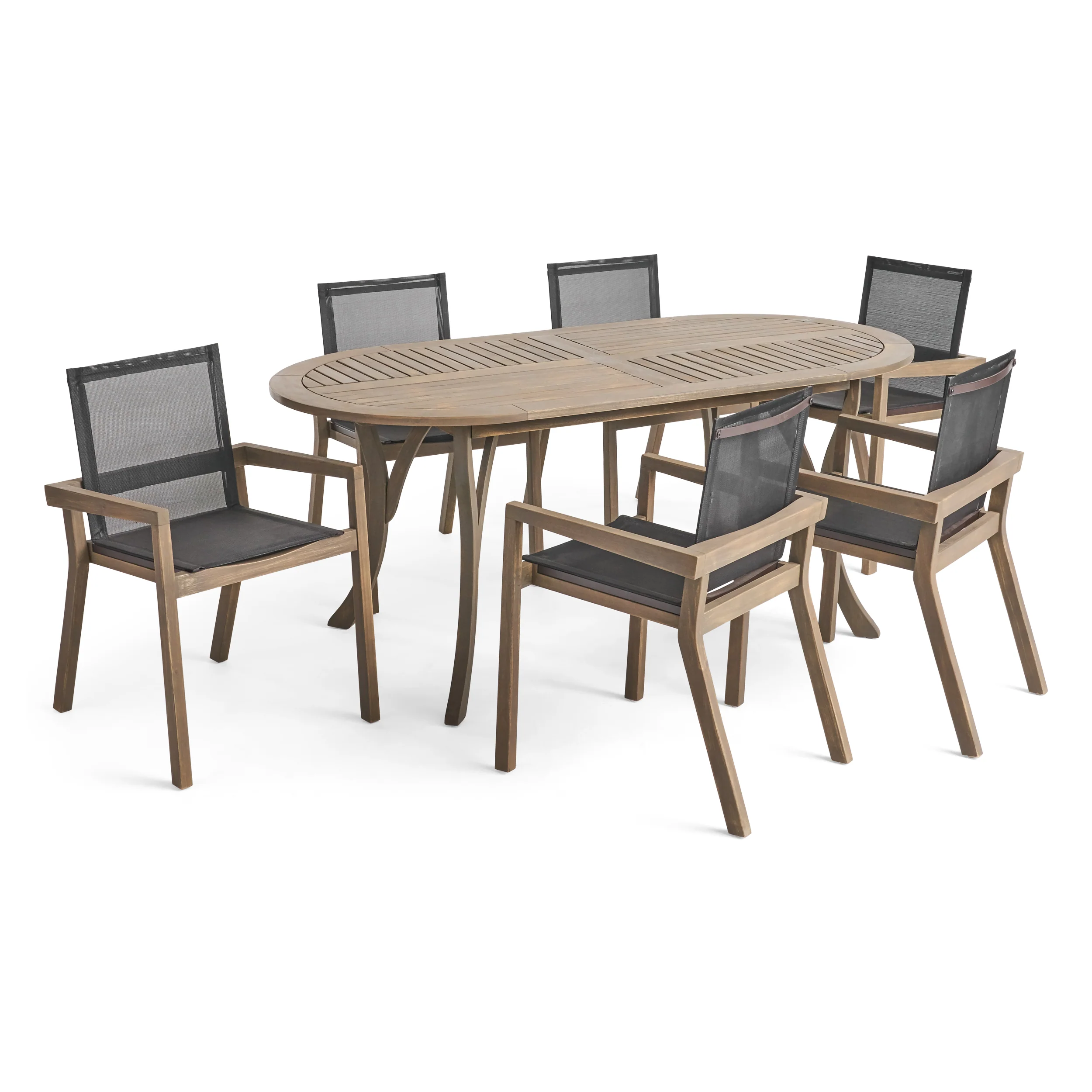 Pitts Outdoor Acacia Wood 6 Seater Patio Dining Set with Mesh Seats - furnishings