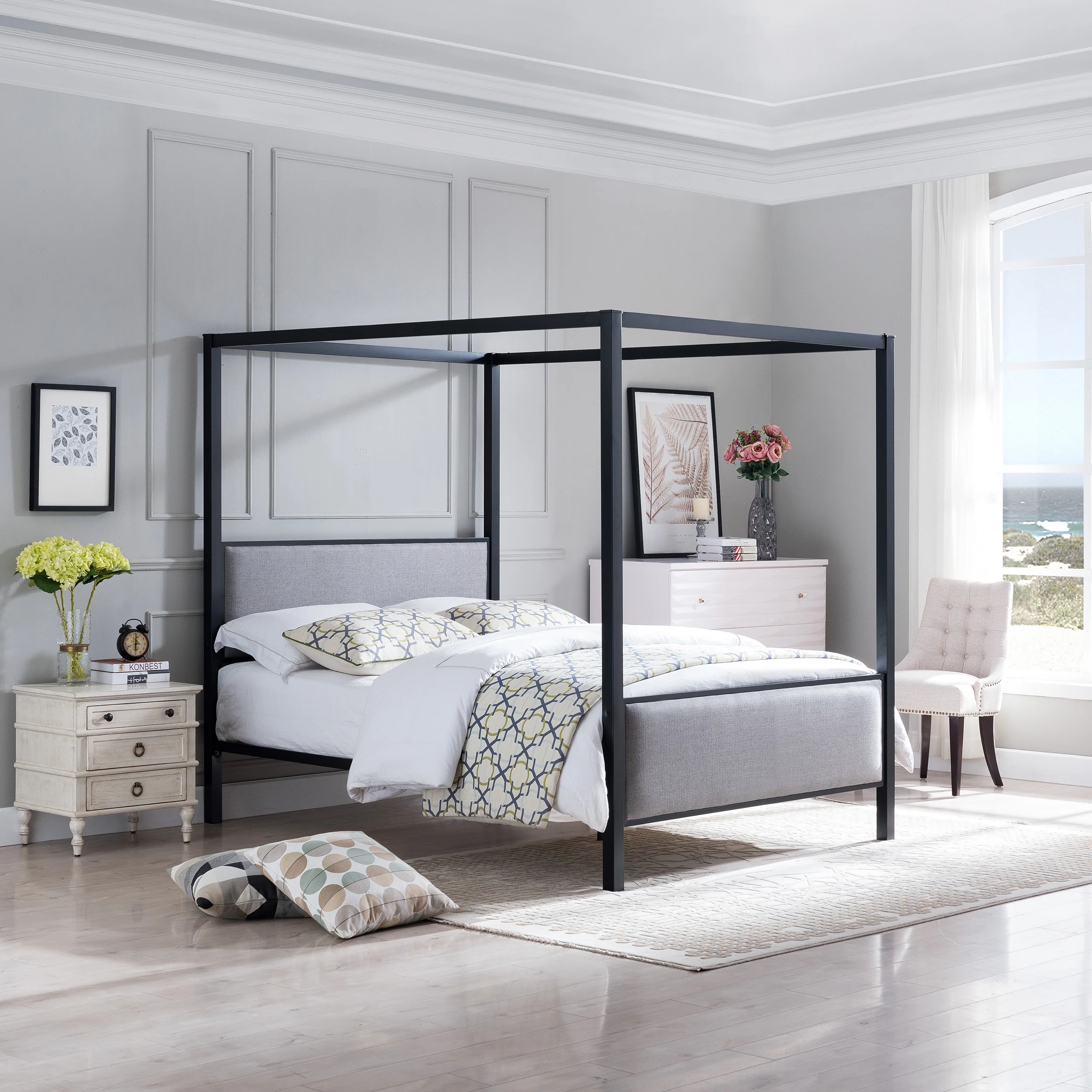 Kama Traditional Fabric Canopy Queen Bed with Iron Frame - furnishings
