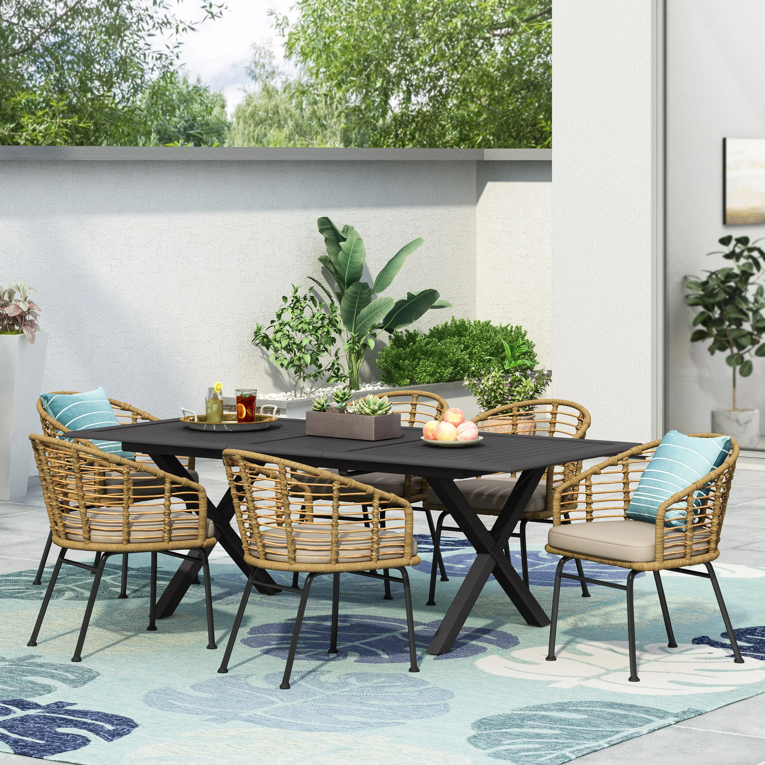 Saragus Outdoor Wicker 7 Piece Dining Set, Light Brown, Matte Black, and Beige - furnishings