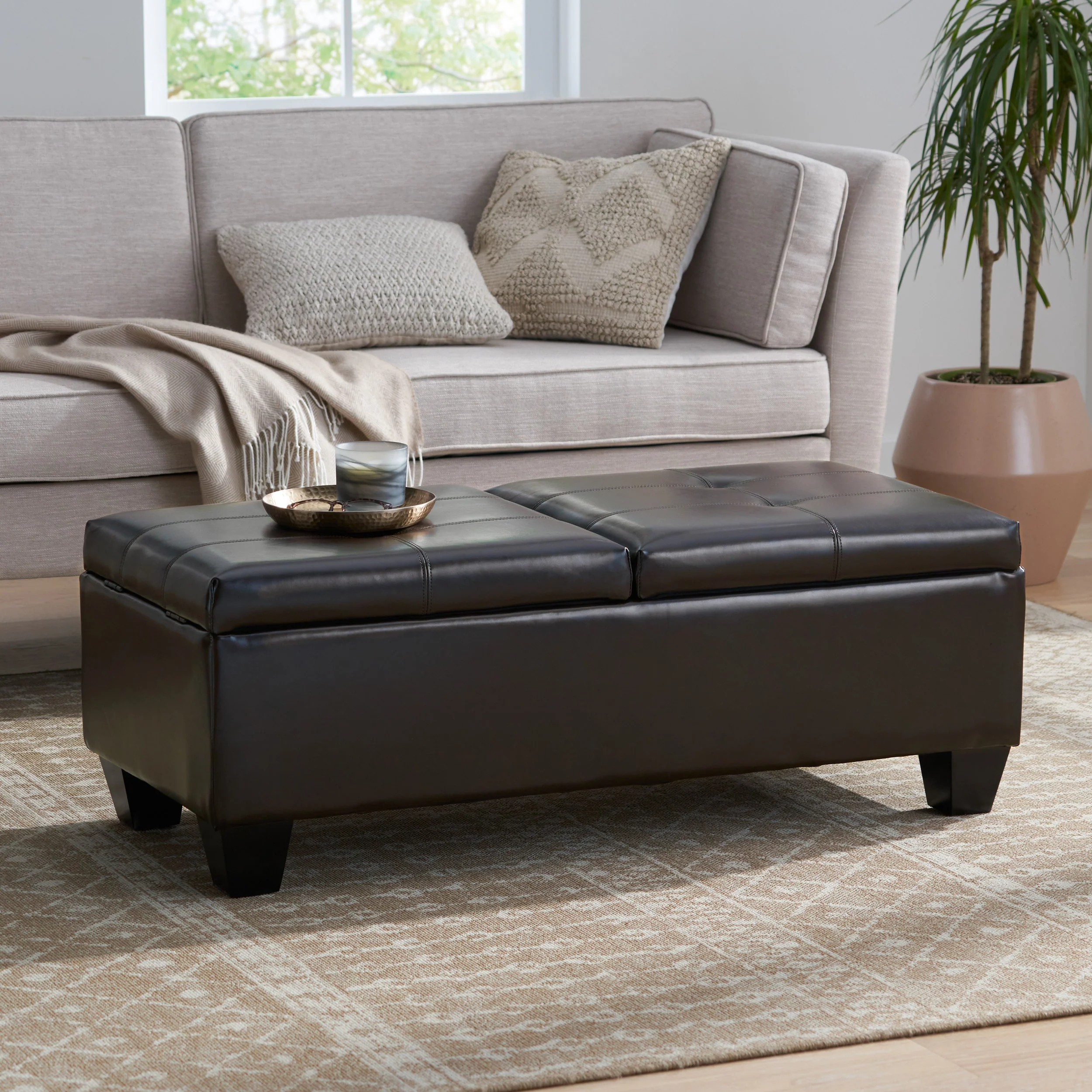 Murray Rectangle Double Flip Leather Storage Ottoman Coffee Table - furnishings
