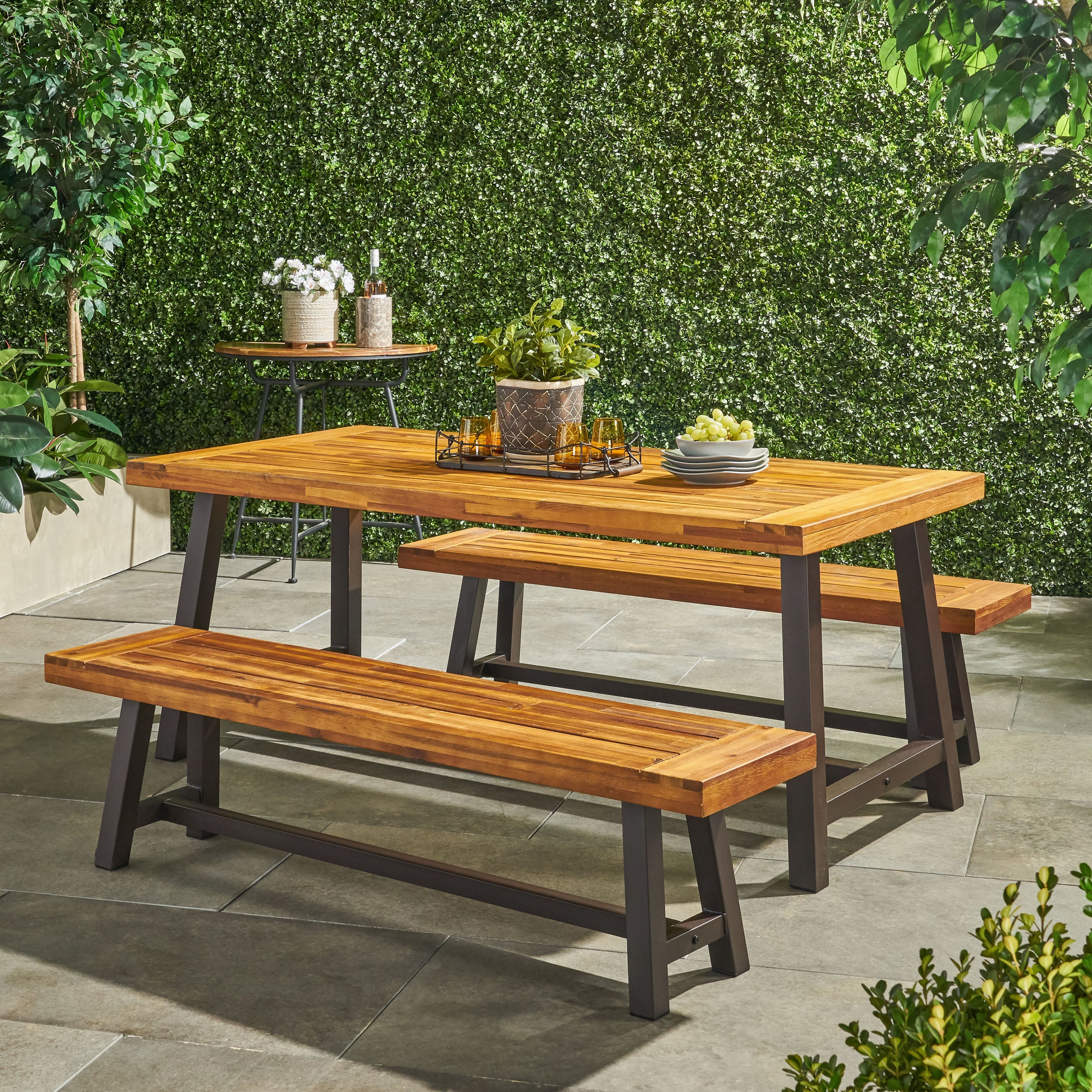 Bowman Outdoor Modern Industrial 3 Piece Acacia Wood Picnic Dining Set with Benches, Sandblasted Teak - furnishings