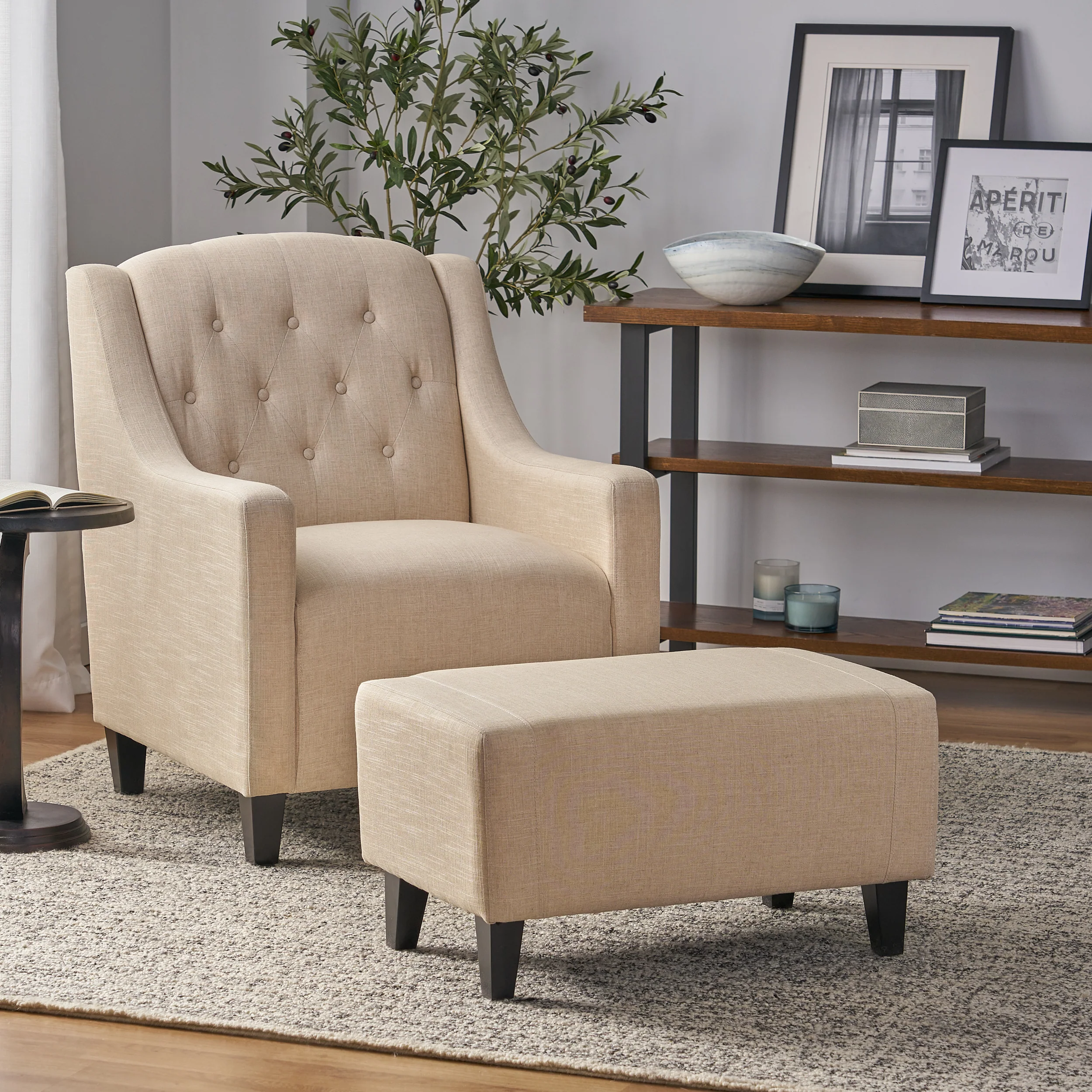 Empierre Beige Fabric Club Chair and Ottoman - furnishings
