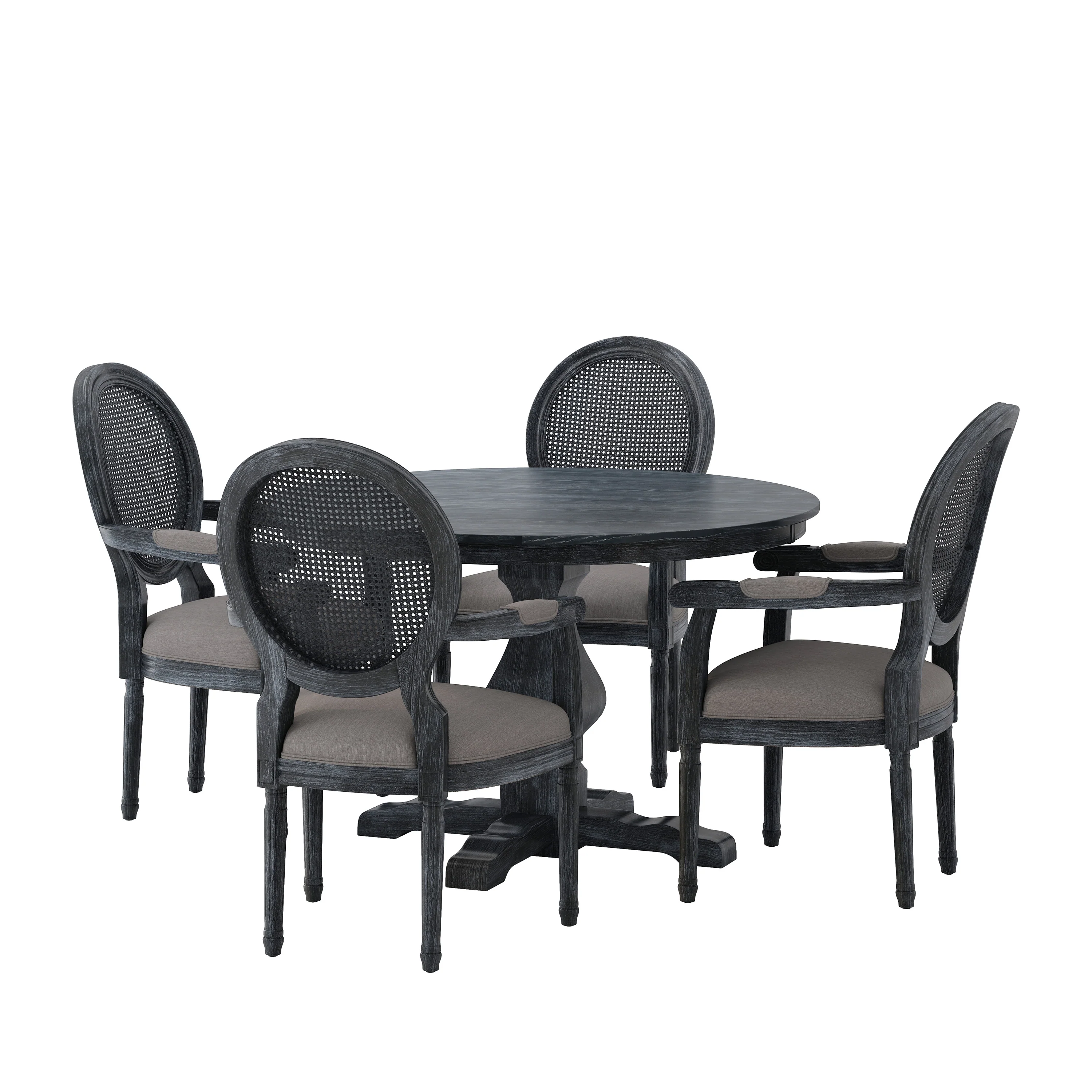 Bryan French Country Fabric Upholstered Wood and Cane 5 Piece Circular Dining Set - furnishings