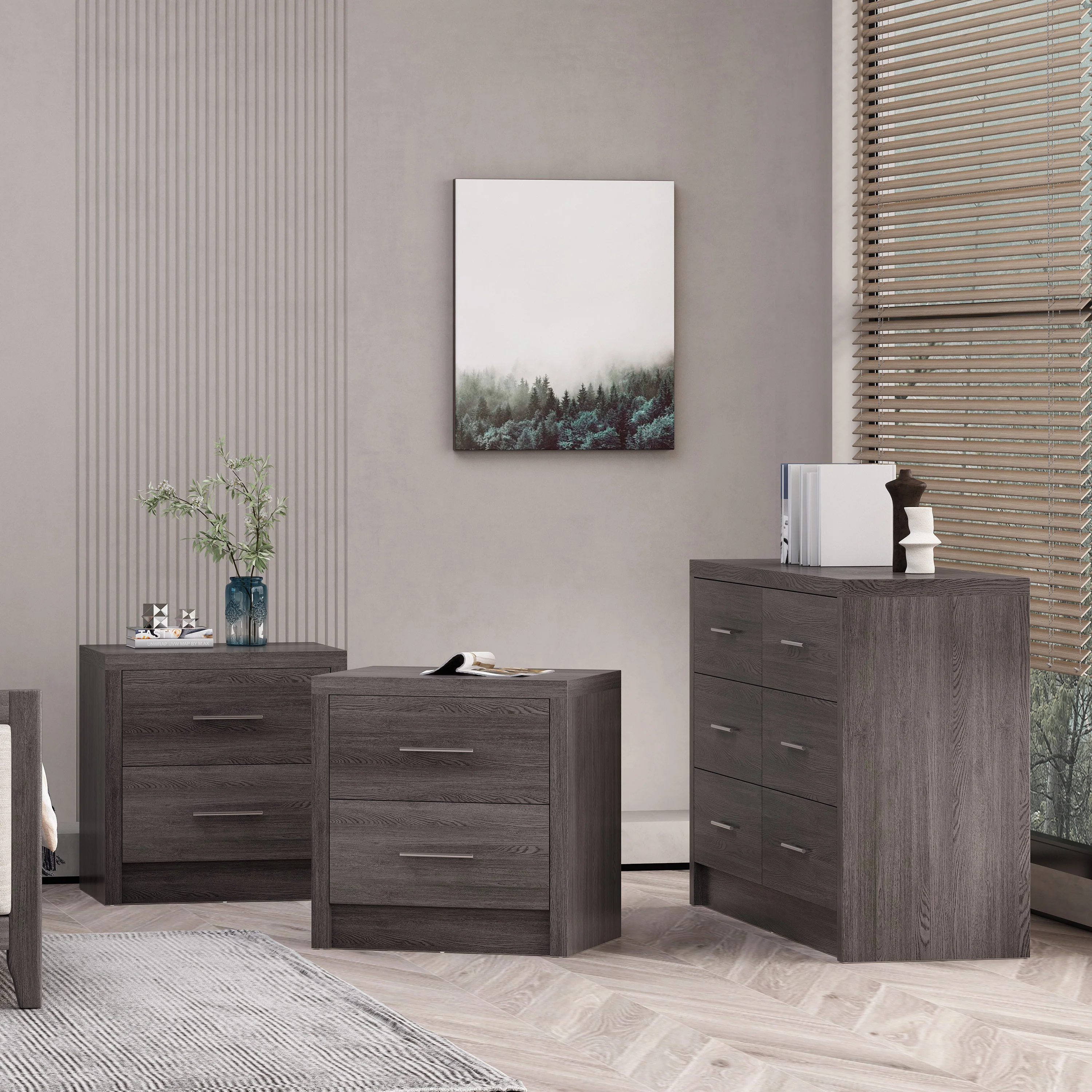 Marlette Modern 3 Piece Double Dresser and Nightstand Bedroom Set - furnishings